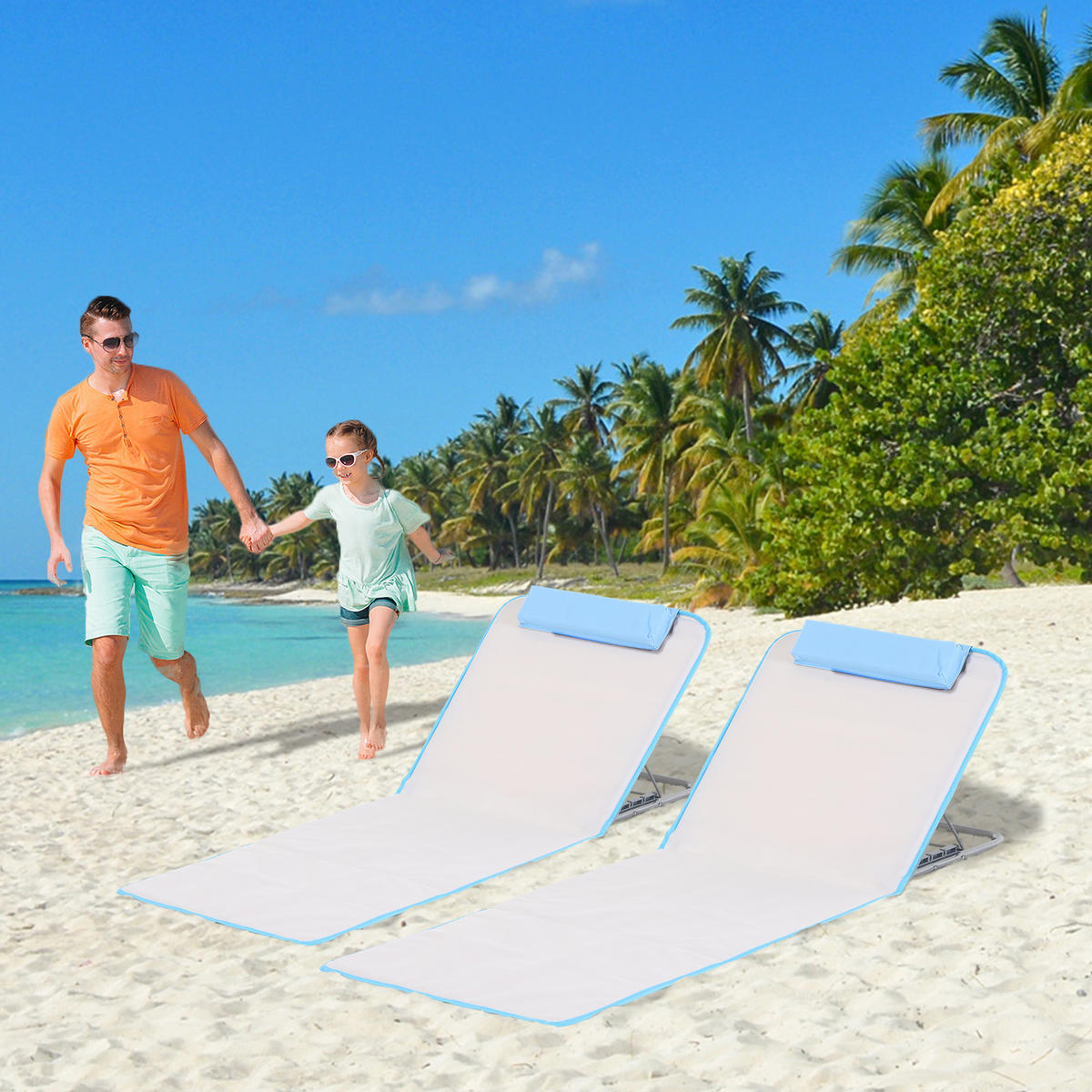 STRANDLIEGE Sonnenliege Gartenliege, klappbar, verstellbare Rücklehne, Seitentasche, 48 cm x 134 cm x 33-43 cm, Beige - Beige, Metall (134/43/48cm)