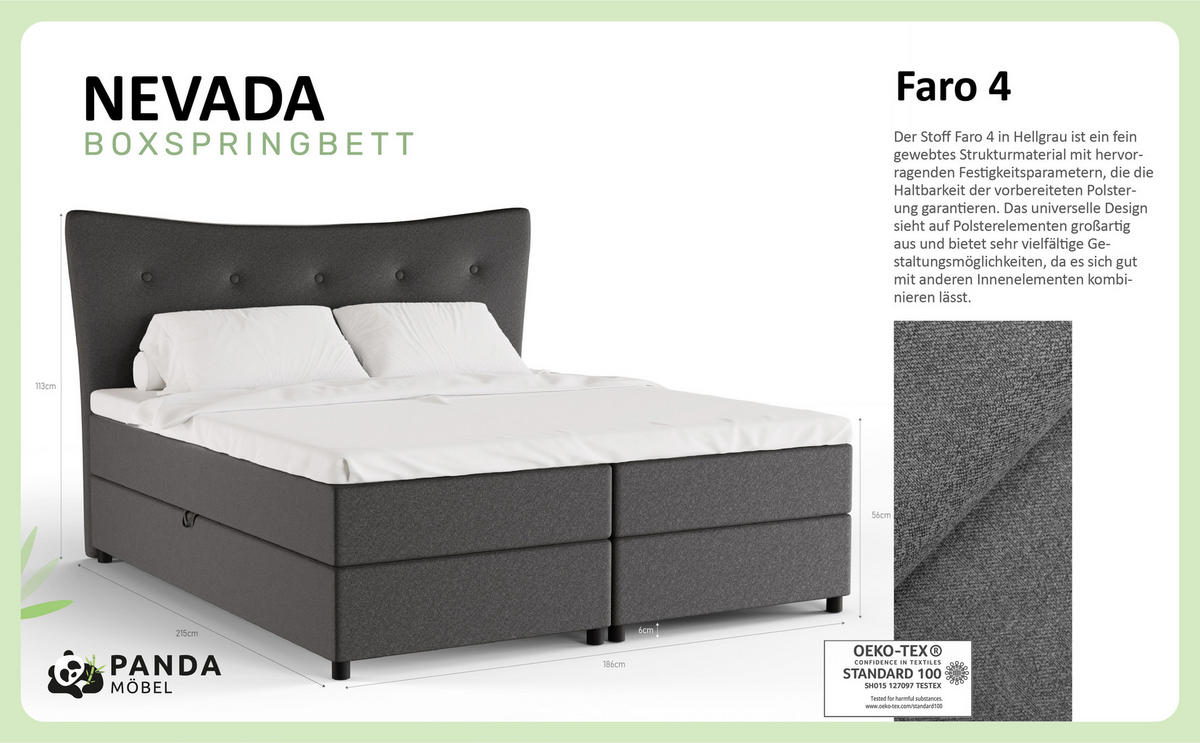 BOXBETT Nevada 180 x 200 cm Doppelbett mit hochwertiger Bonell-Matratze und Topper - Dunkelgrau - Dunkelgrau, Holz (180/200cm) - Panda Möbel