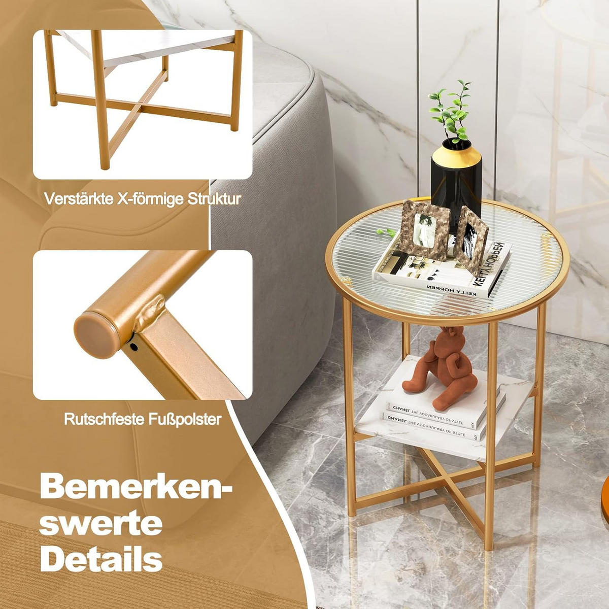BEISTELLTISCH 60cm Gold - Goldfarben, Glas (50/50/60cm) - COSTWAY