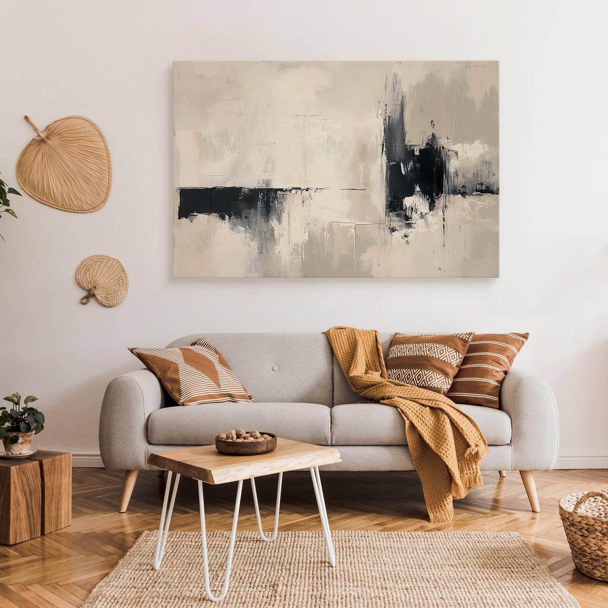 LEINWANDBILD Abstraktion Moderne Kunst Malarei 120x80 - Beige/Schwarz, Textil (120/80cm) - Muralo