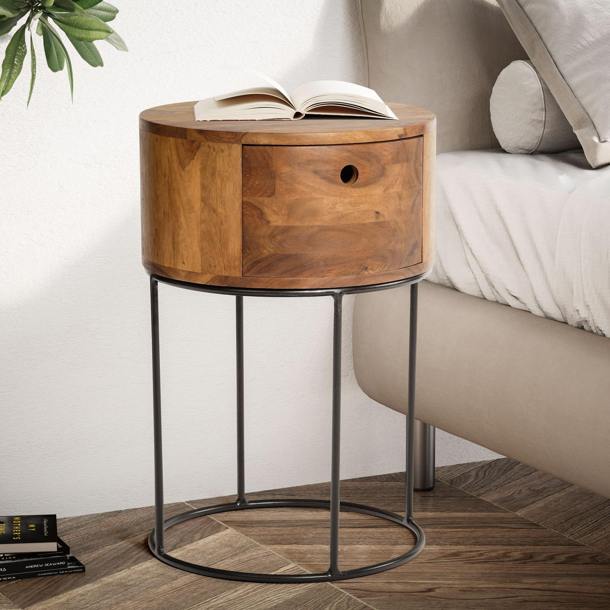 NACHTTISCH Mango Massivholz Metall Rund Schublade Stauraum, Dunkelbraun 40x40x60 cm - Sheeshamfarben/Schwarz, Holz/Metall (40/60/40cm) - KADIMA DESIGN