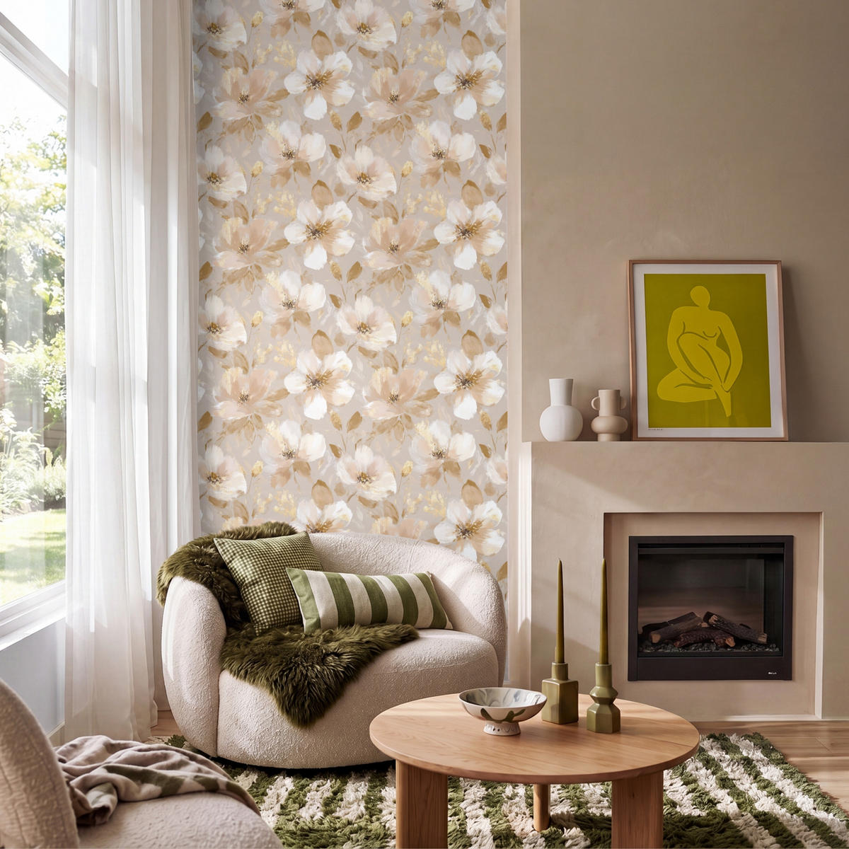 TAPETE - Blumen - künstlerisch - Gold - 120x220 cm - Beige, Papier (120/220cm) - OnlyWow