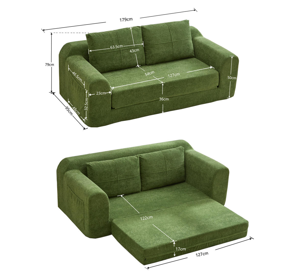 SCHLAFSOFA 2-in-1 klappbar 179 x 95 x 79 cm Army Green - Grün, Holzwerkstoff (178/61.5/76cm) - Meubliv