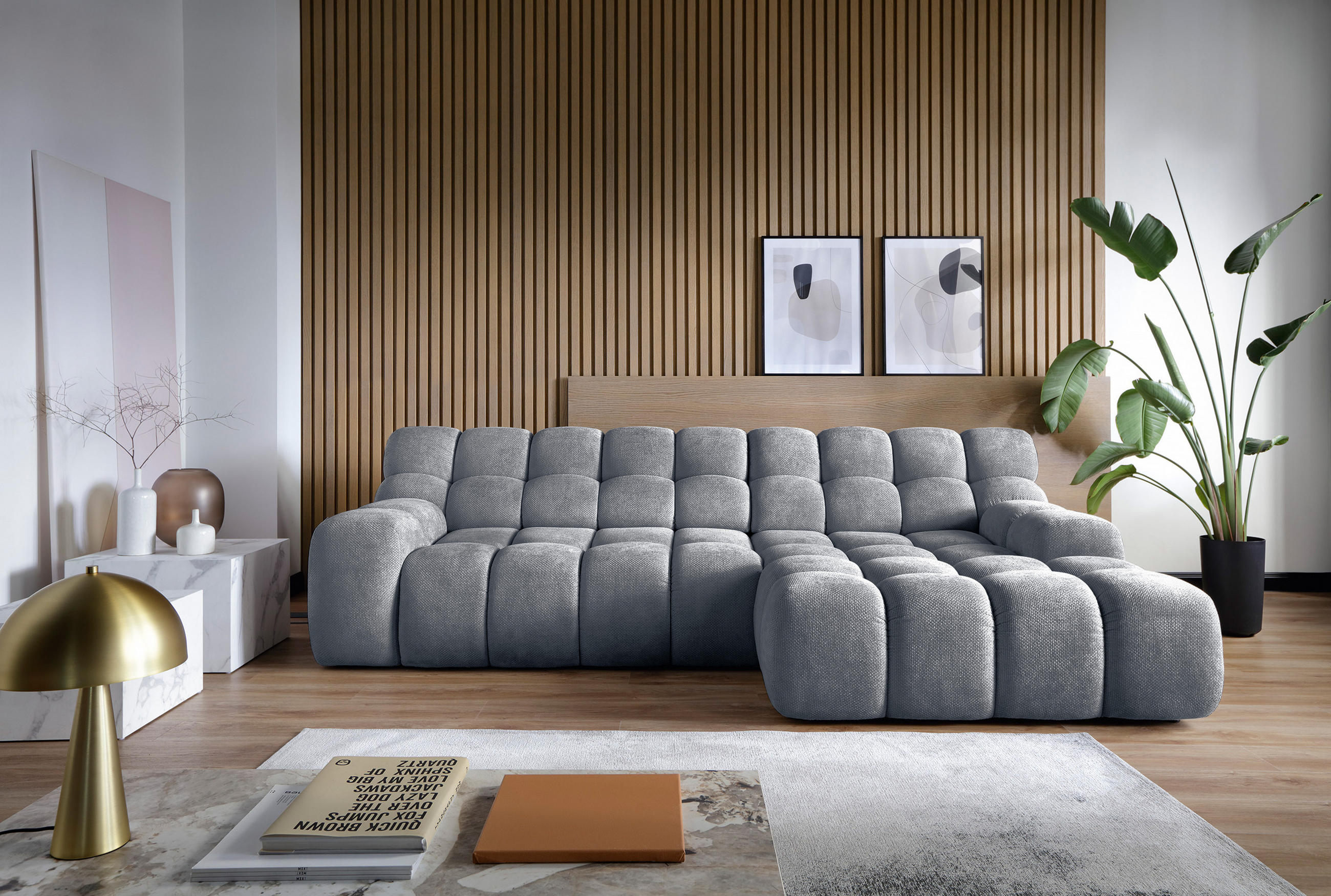 ECKSOFA CAMPILE mit modernem Design, Grau, Rechts, 297x180 cm - Grau, Holz/Textil (288/119cm) - DomoHome