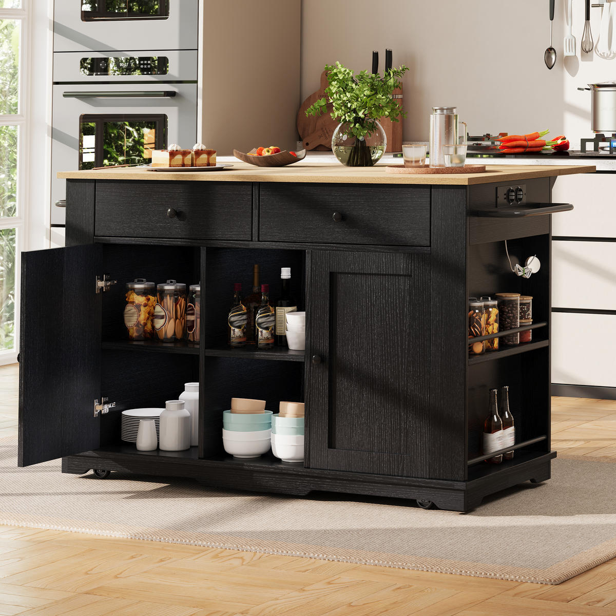 KÜCHENSCHRANK Kücheninsel Steckdosen Arbeitsplatte Schwarz - Schwarz, Metall (151.5/91.7/59.7cm) - FLIEKS