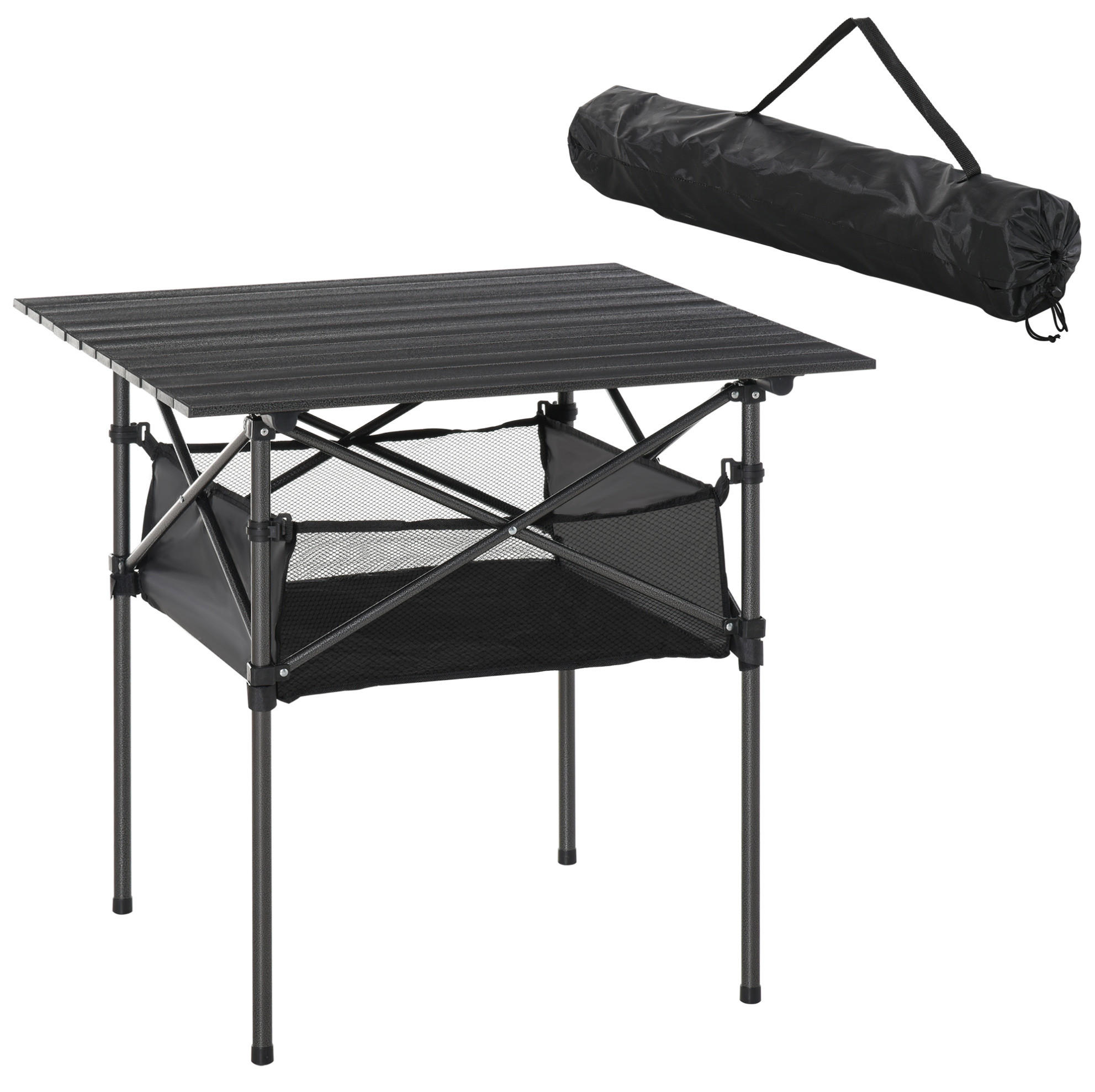 KEMPINGOVÝ stôl 70/70/69 cm sivý skladací z hliníka s úložnou sieťkou - sivá, kov (70/69/70cm) - OKWISH