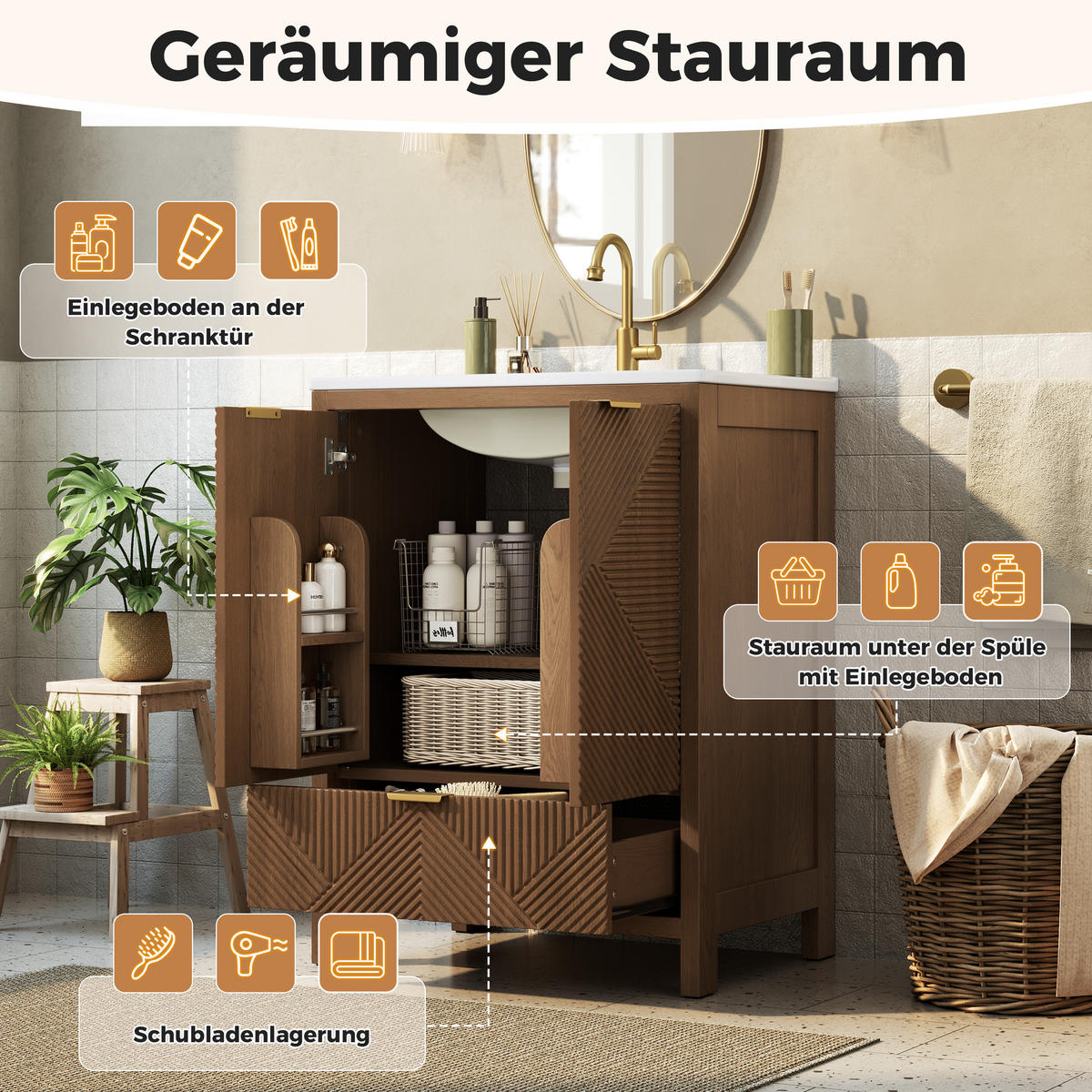 BAD-WASCHTISCHUNTERSCHRANK Walnuss mit Keramikbecken - Walnussfarben, Holzwerkstoff (61/87/47cm) - Urban Meuble