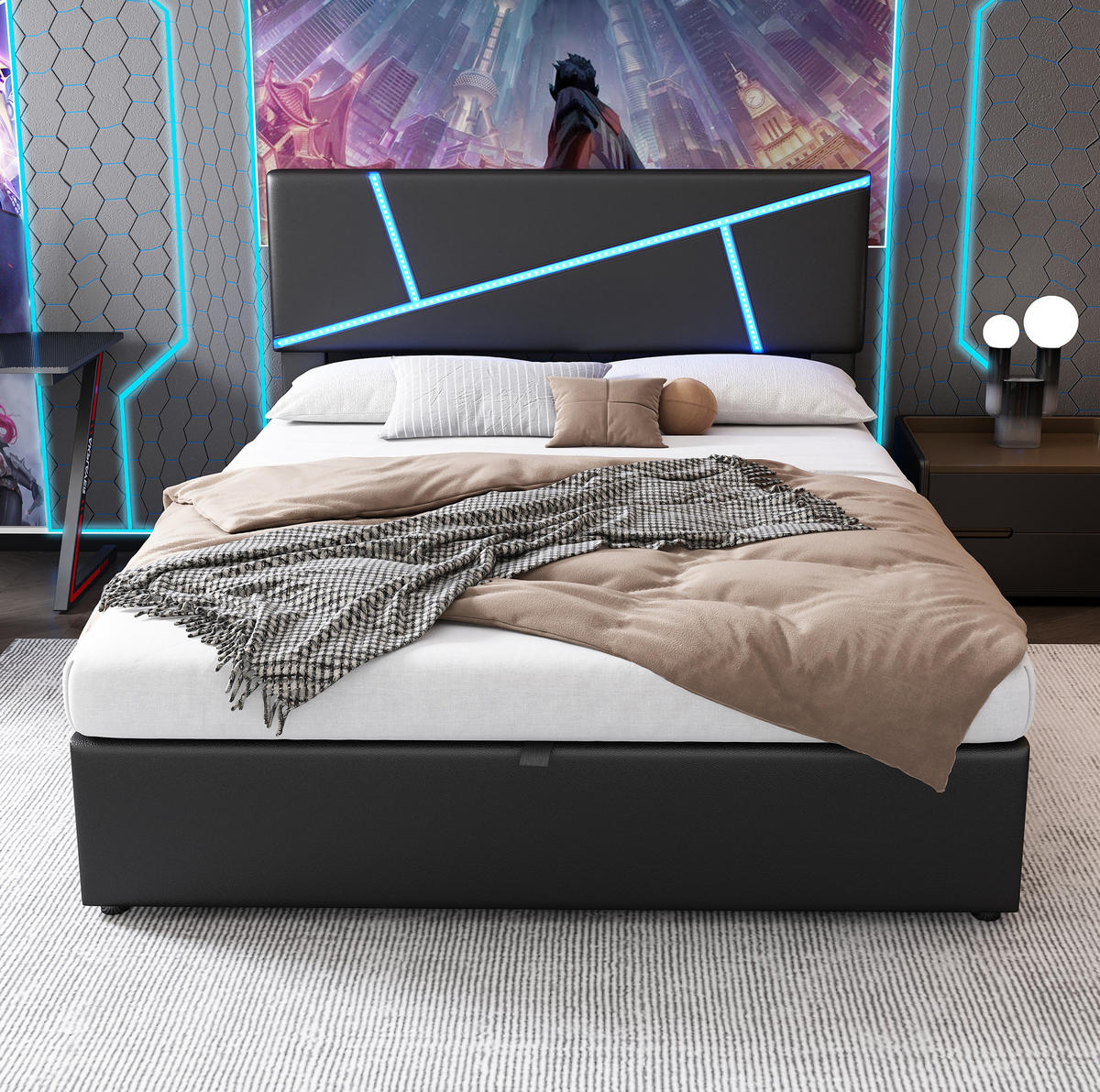 BETT mit LED und Stauraum PU Schwarz - Schwarz, Metall (140/200cm) - Meubliv