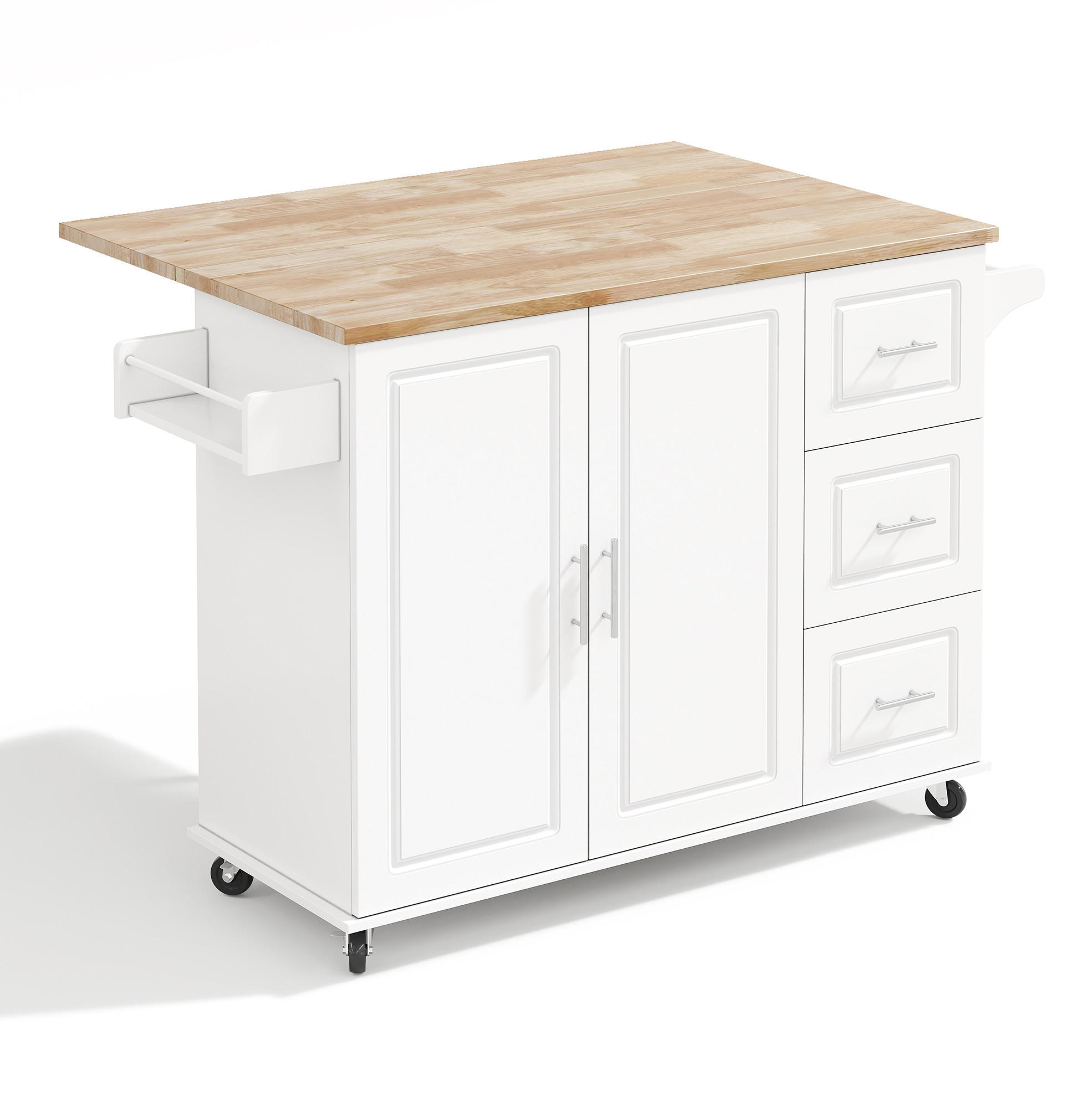 KÜCHENINSEL 137x76x92cm Weiß mit Klappplatte, Schrank, 3 Schubladen & Rollen - Weiß, Holzwerkstoff (137/92/76cm) - Modfu