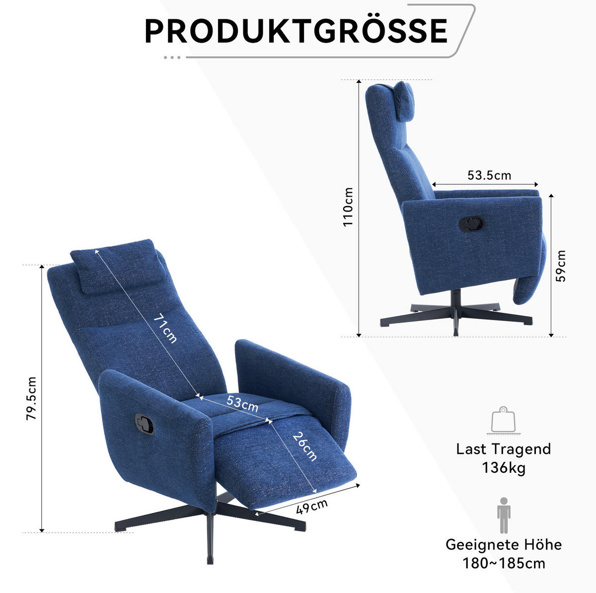 RELAXSESSEL Chenille mit Liegefunktion und 360° Drehfunktion 67/80.5/110 cm Blau - Blau, Textil (80.5/110/67cm) - Redom