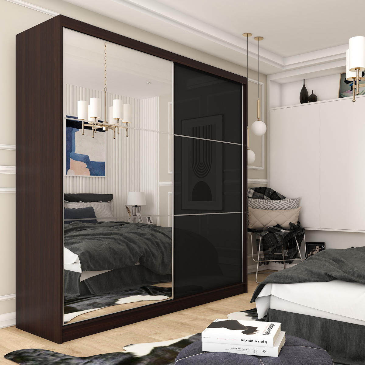 SCHWEBETÜRENSCHRANK VITALE 200/216/61 cm 2-türig mit Spiegel Wengefarben - Wengefarben/Schwarz, Holzwerkstoff (200/216/61cm) - MASSENO