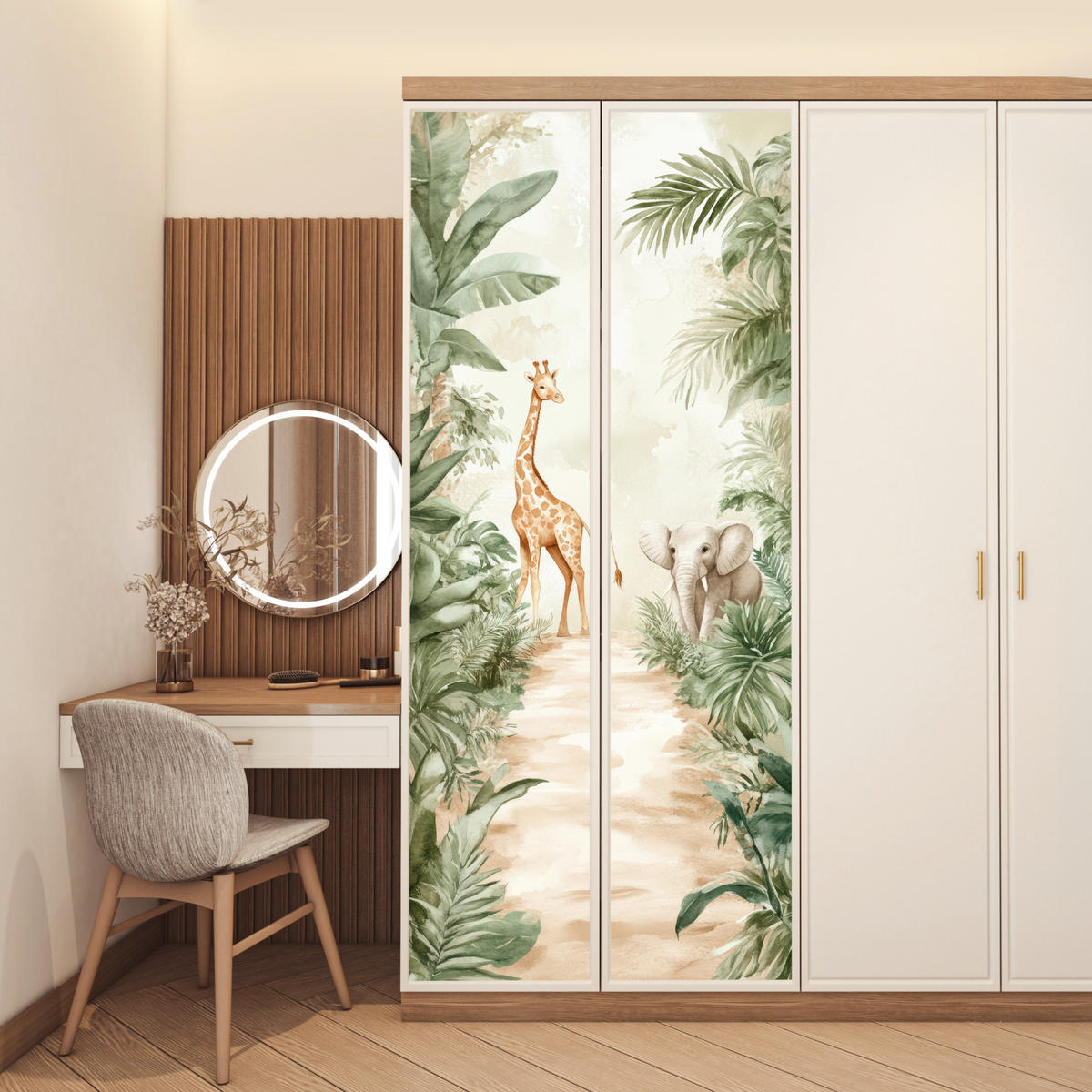 FOTOTAPETE Tür - Dschungel - Giraffe - Elefant - Grün - Natur 95x235 cm - Eukalyptusholzfarben, Kunststoff (95/0.1cm) - MuchoWow