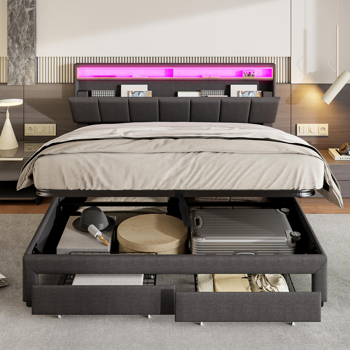 POLSTERBETT 160x200 cm mit LED-Beleuchtung und Schublade,Leinenstoff - Grau, Holz/Textil (160/200cm) - PARAFTA HOME