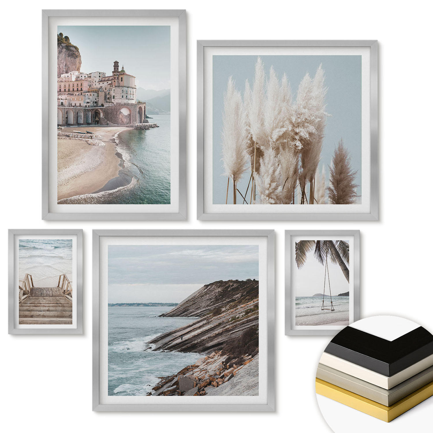 WANDBILDER 5er Set - 50x50 cm & 20x30 cm & 40x60 cm Silberner Rahmen - Abstrakte Muster beige weiß - Silberfarben, Kunststoff (40/60cm) - ArtPrintCave