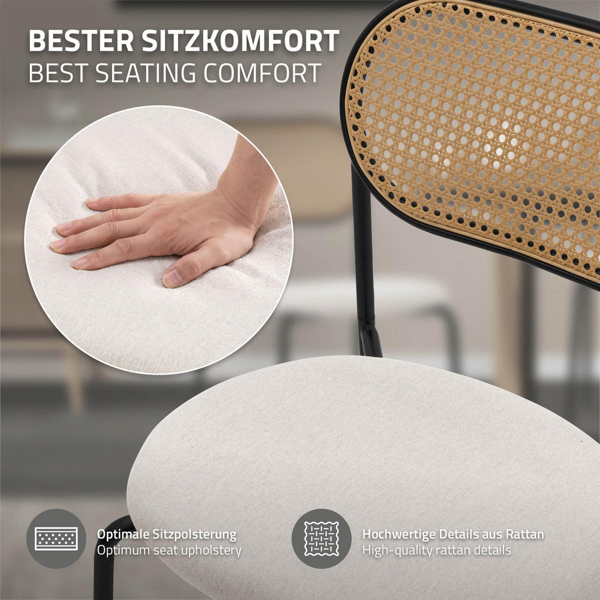 JÍDELNÍ ŽIDLE, SADA 2 KS, béžový ratan - černá/béžová, kov (47/80.5/46cm) - ML-DESIGN