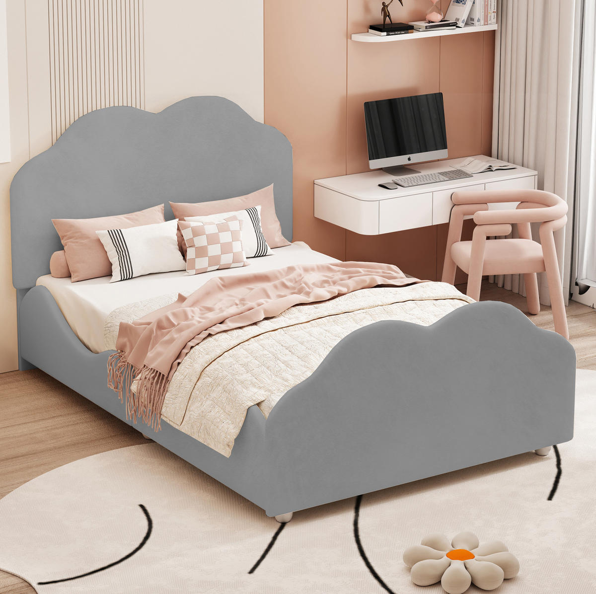 KINDERBETT 90/200 cm mit Samtbezug und Rausfallschutz in Grau - Grau, Textil (90/200cm) - BEAOK