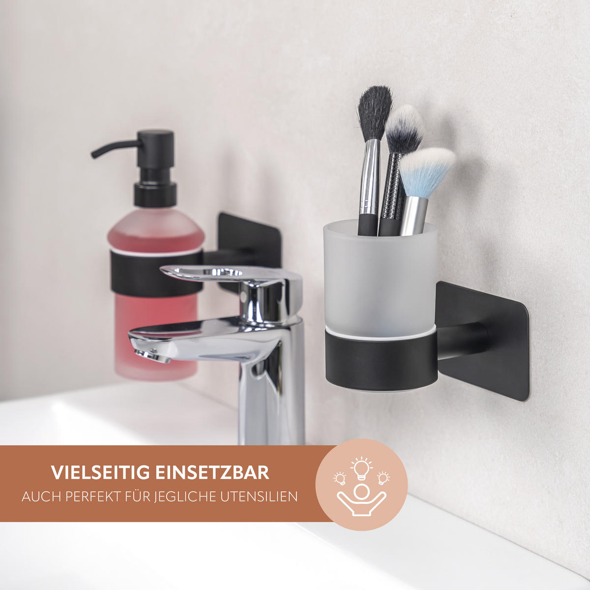 ZAHNPUTZBECHER PIAZZA mit Kleber - Schwarz, Metall (9/11/11cm) - bremermann