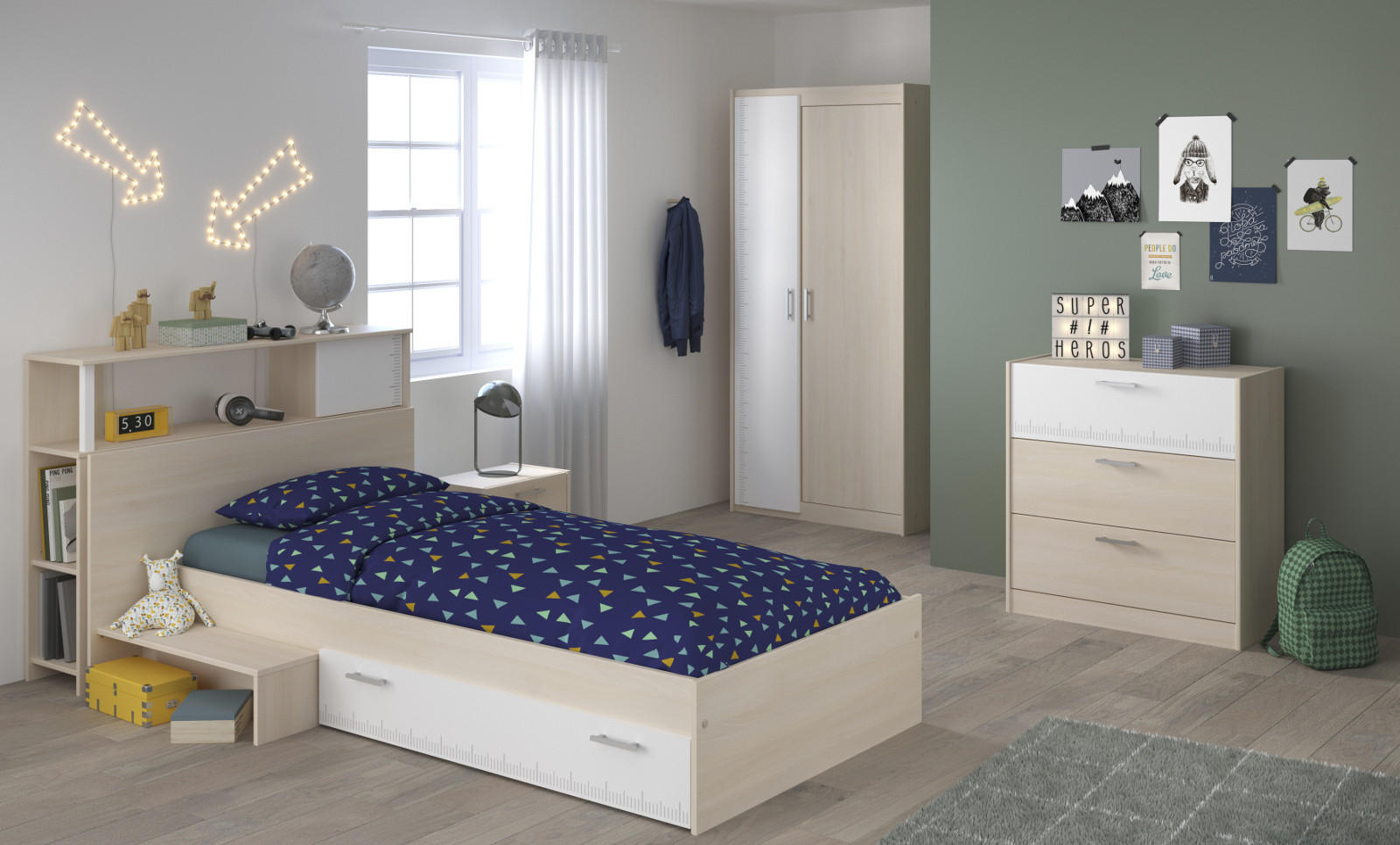KINDERZIMMER Set 5-tlg Kleiderschrank Kommode Stauraumbett 90 x 200 cm - Silberfarben/Weiß, Holzwerkstoff/Kunststoff (121/180/233cm) - Parisot Meuble