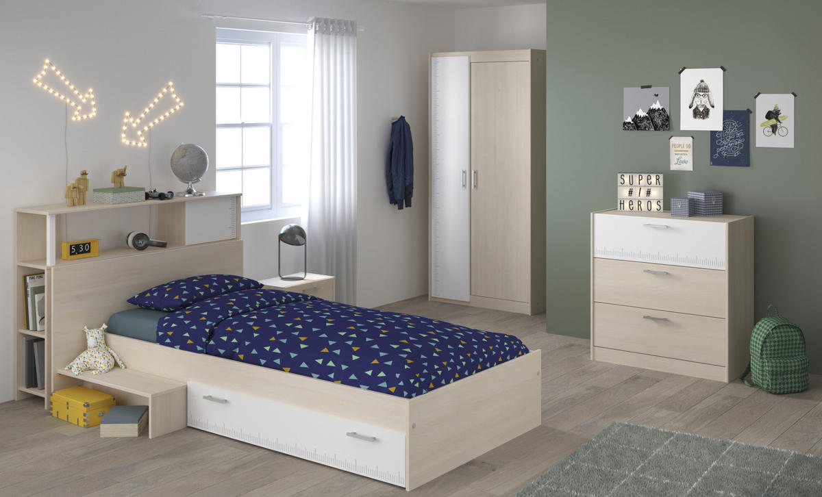 KINDERZIMMER Set 5-tlg Kleiderschrank Kommode Stauraumbett 90 x 200 cm - Silberfarben/Weiß, Holzwerkstoff/Kunststoff (121/180/233cm) - Parisot Meuble