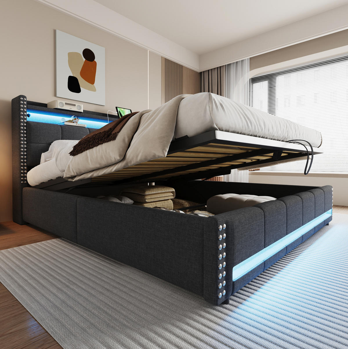 POLSTERBETT 180/200 cm Grau mit LED-Beleuchtung, USB und Stauraum - Grau, Textil (180/200cm) - Flora Grace