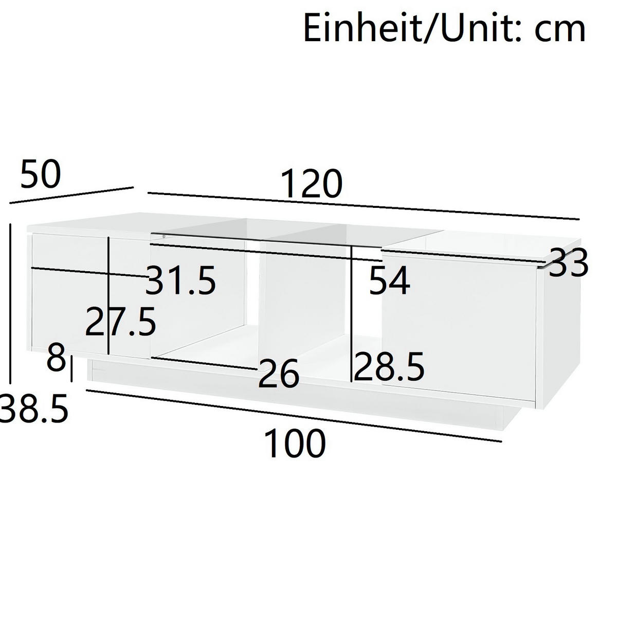 COUCHTISCH aus MDF, Glas und Spanplatte 120x50x38,5 cm Weiß mit LED-Beleuchtung, Glasplatte und Stauraum - Weiß, Holzwerkstoff (120/50/38.5cm) - Modfu