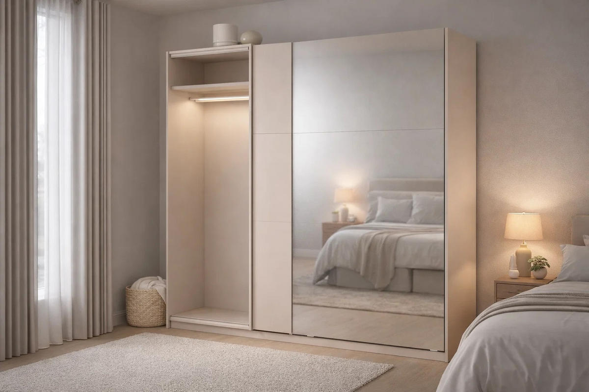 SCHIEBETÜRENSCHRANK LIVORA 12 - 221×207×60 cm mit Beleuchtung 2 Türen, mit Spiegel Kaschmir - Kaschmir/Klar, Holz/Holzwerkstoff (221/207/60cm) - Milaros Markt