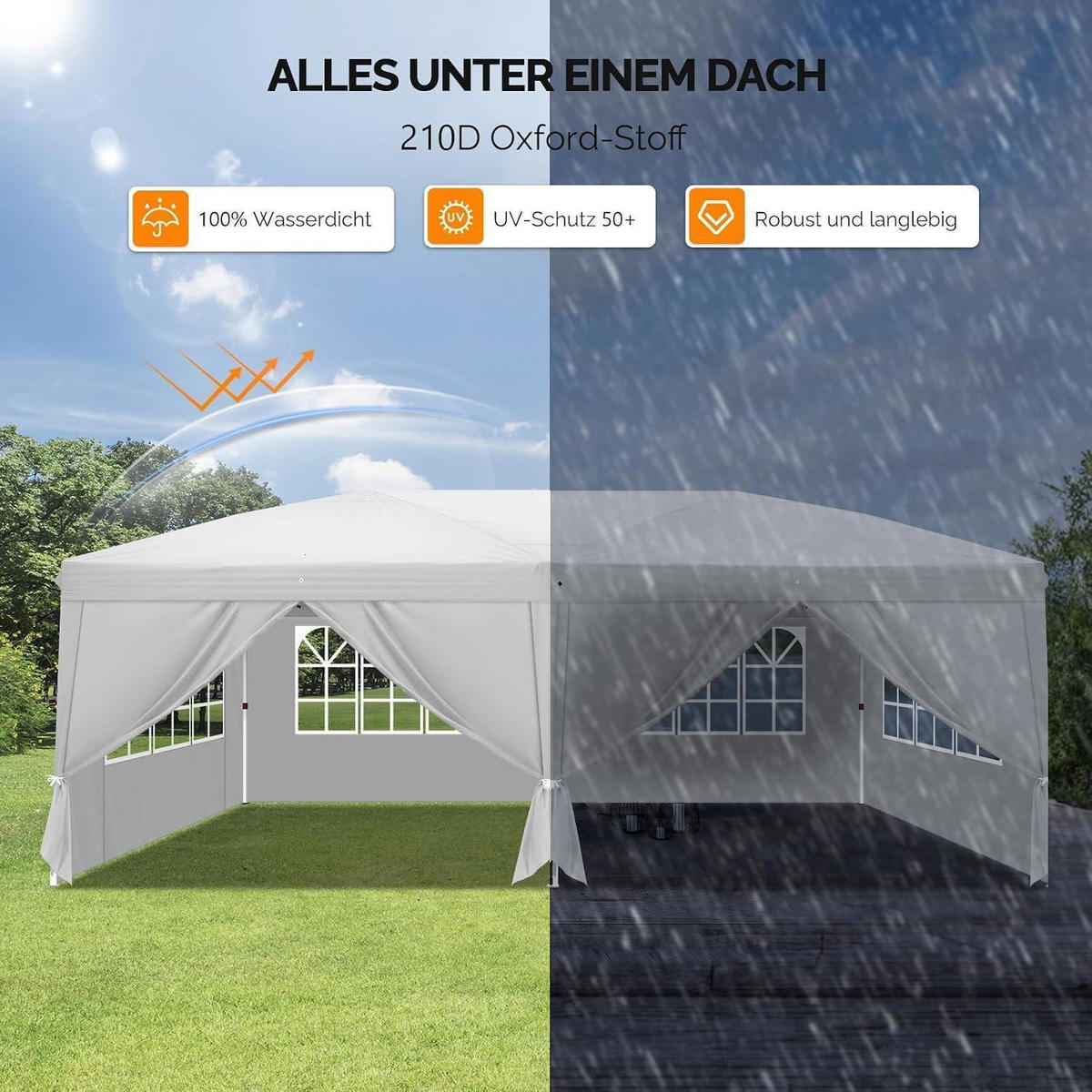 FALTPAVILLON 3 x 6 m Wasserdicht Sonnenschutz Weiß mit 4 Seitenwänden - Weiß, Textil (300/255/600cm)