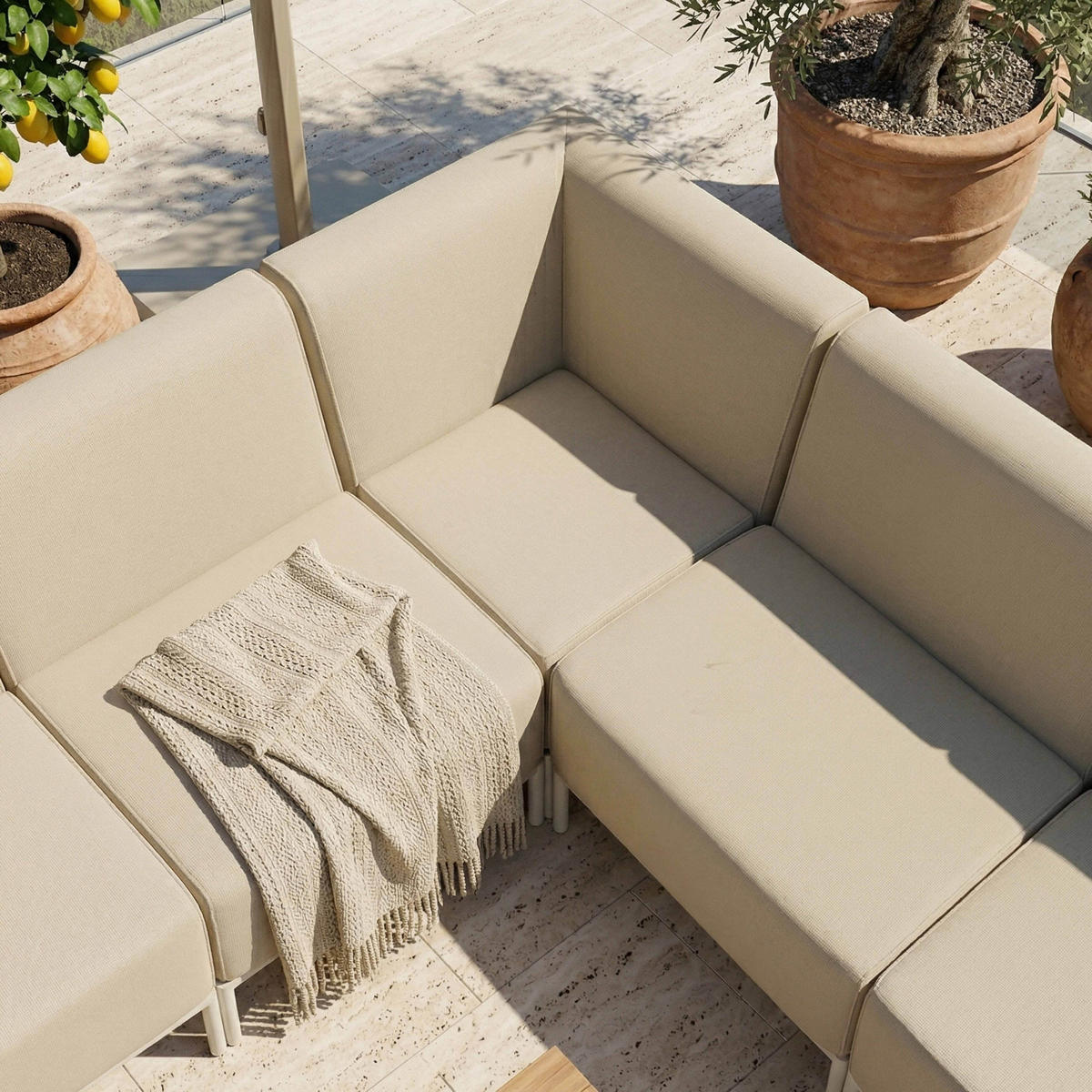 GARTENSOFA mit 6 Sitzplätzen, Beige - Beige, Textil (180/78/360cm) - Oviala