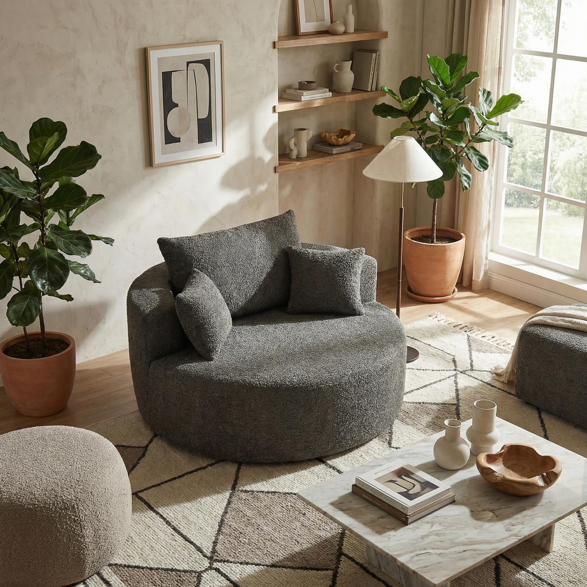 SESSEL XXL 127x127 cm Grau aus Chenille, Keine Montage - Grau, Textil (127/85/127cm) - Urban Meuble