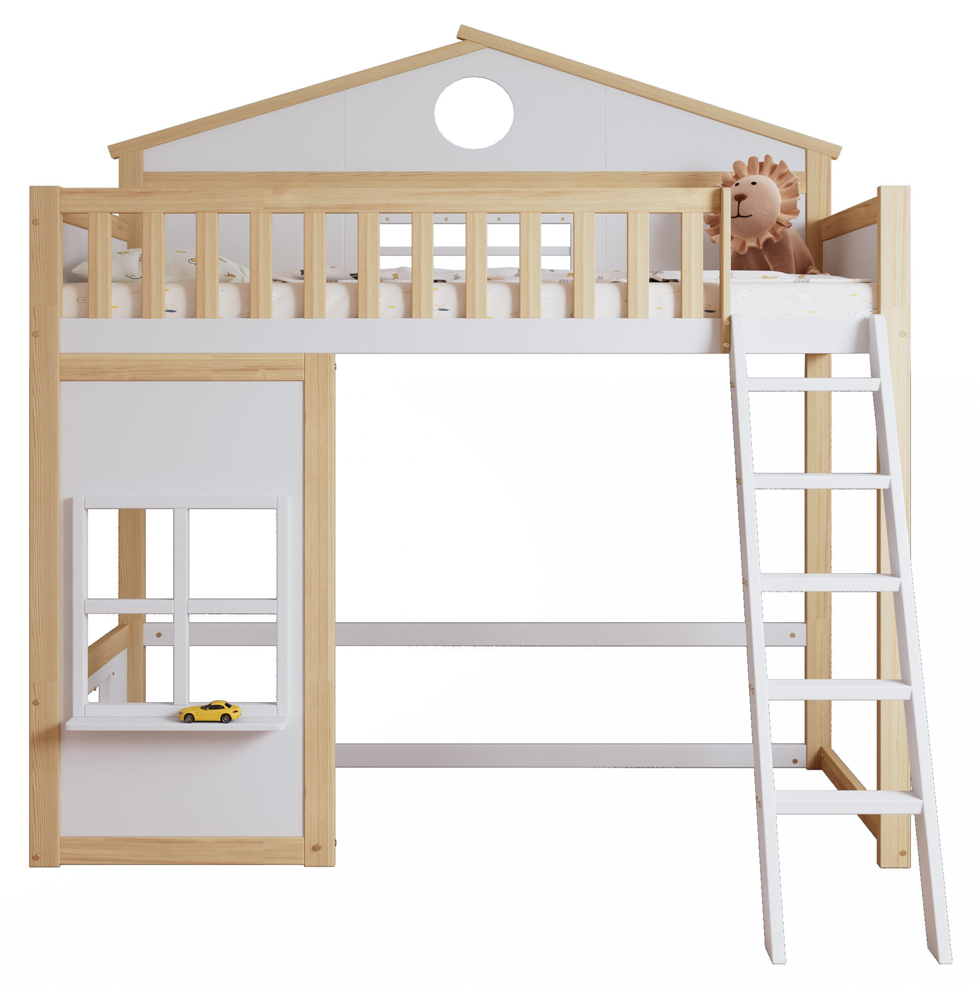 POSCHODOVÁ posteľ 90/200 cm biela/prírodná so schodíkmi, strieškou a okienkami z masívu a MDF - biela, drevo (90/200cm) - OKWISH