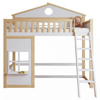 POSCHODOVÁ posteľ 90/200 cm biela/prírodná so schodíkmi, strieškou a okienkami z masívu a MDF - biela, drevo (90/200cm) - OKWISH