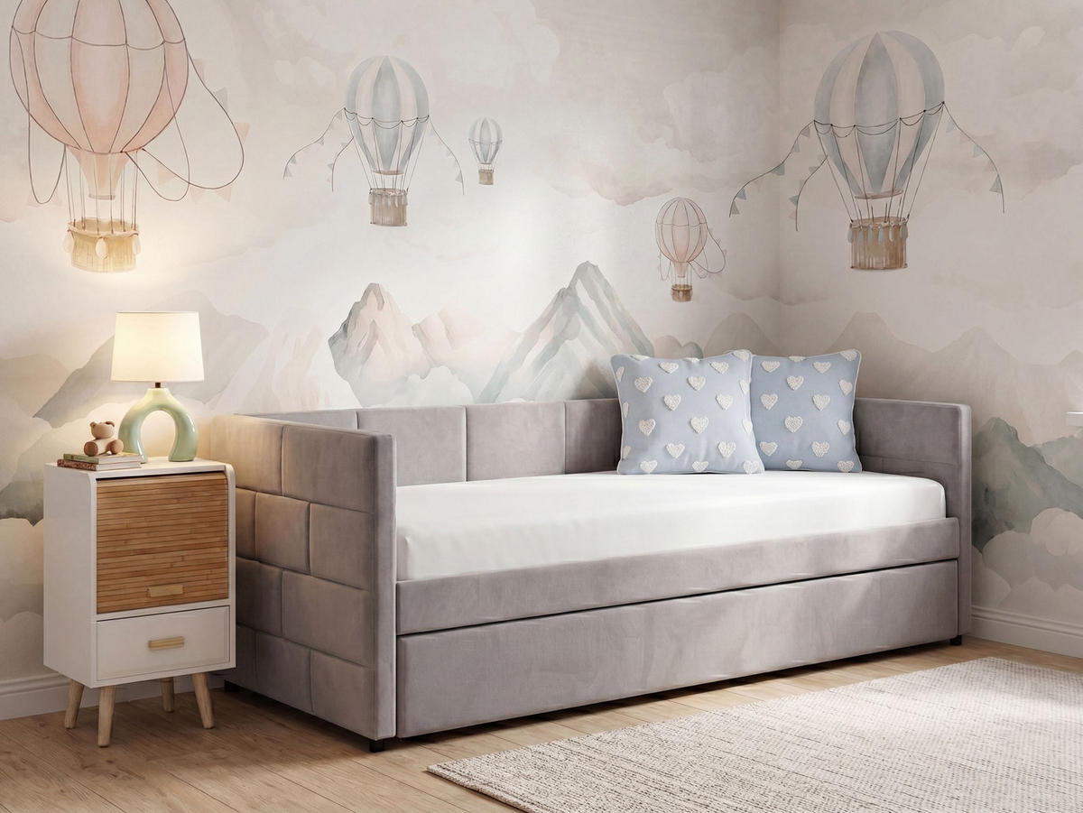 VYSOUVACÍ POSTEL Sametová látka 90/200 cm Světle šedá Chavonne - světle šedá, textil (90/200cm) - Beliani