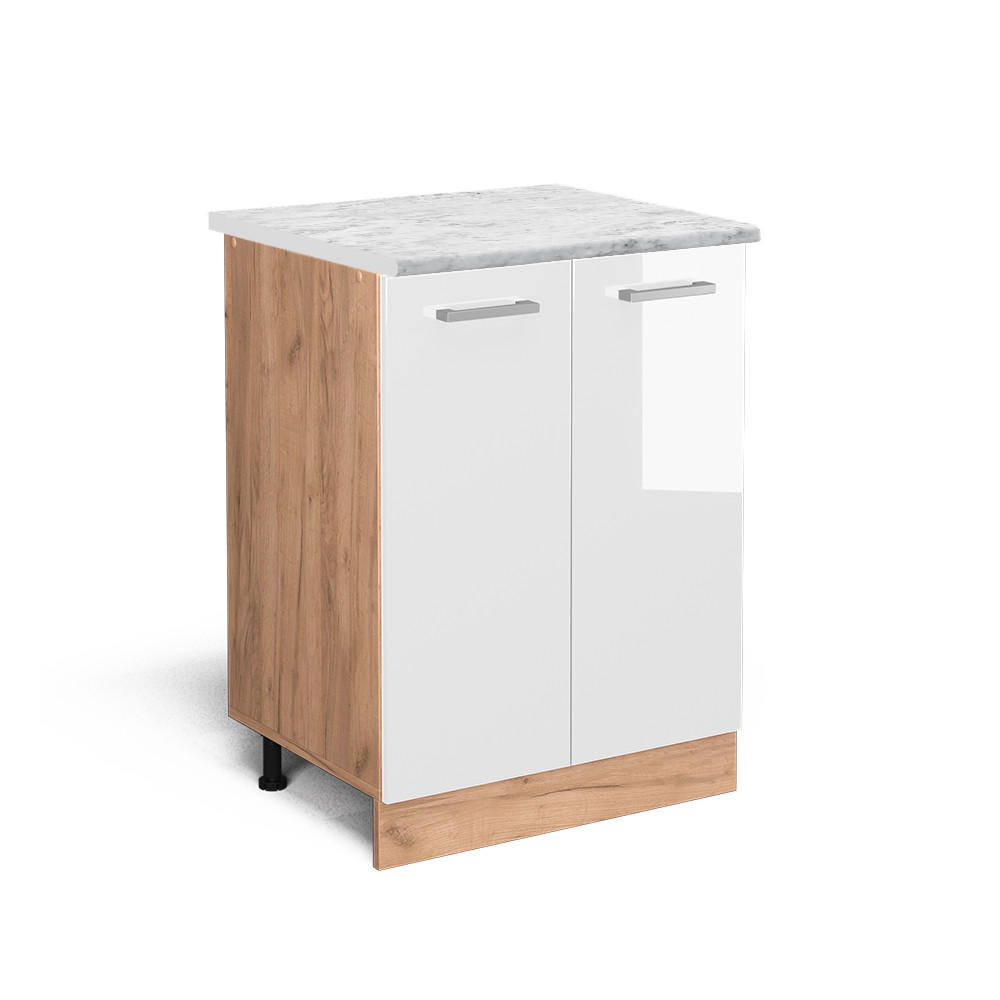 KÜCHENUNTERSCHRANK R-Line Weiß Hochglanz 60 cm AP Marmor - Weiß Hochglanz/Eiche Wotan, Holzwerkstoff (60/81.6/60cm) - Vicco