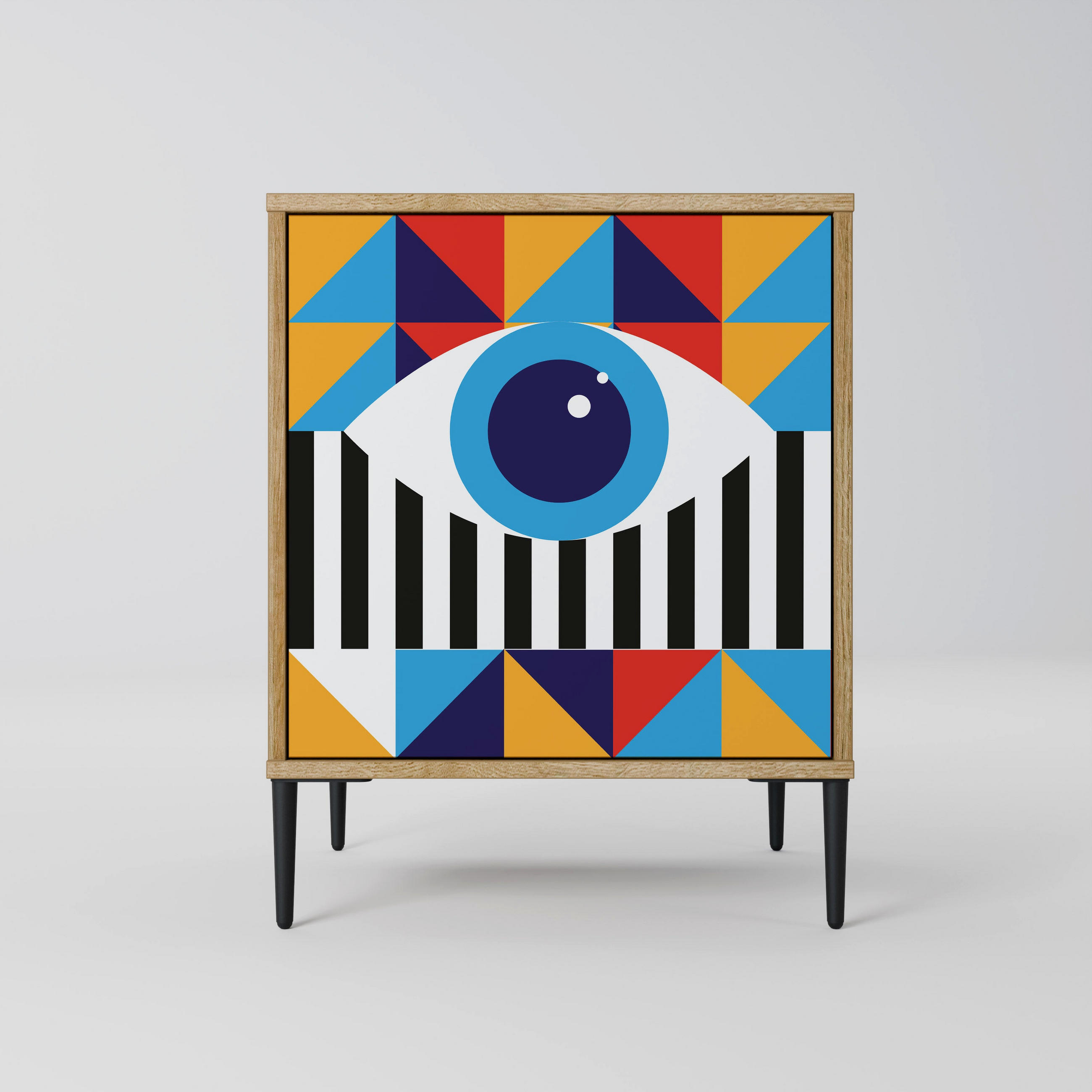 SIDEBOARD ABSTRACTION AND GEOMETRY, Eichefarben, 57,5x42x72,5 cm, Schwarze Metallfüße - Eichefarben/Multicolor, Holzwerkstoff/Metall (57.5/72.5/42cm) - SpaceRebels