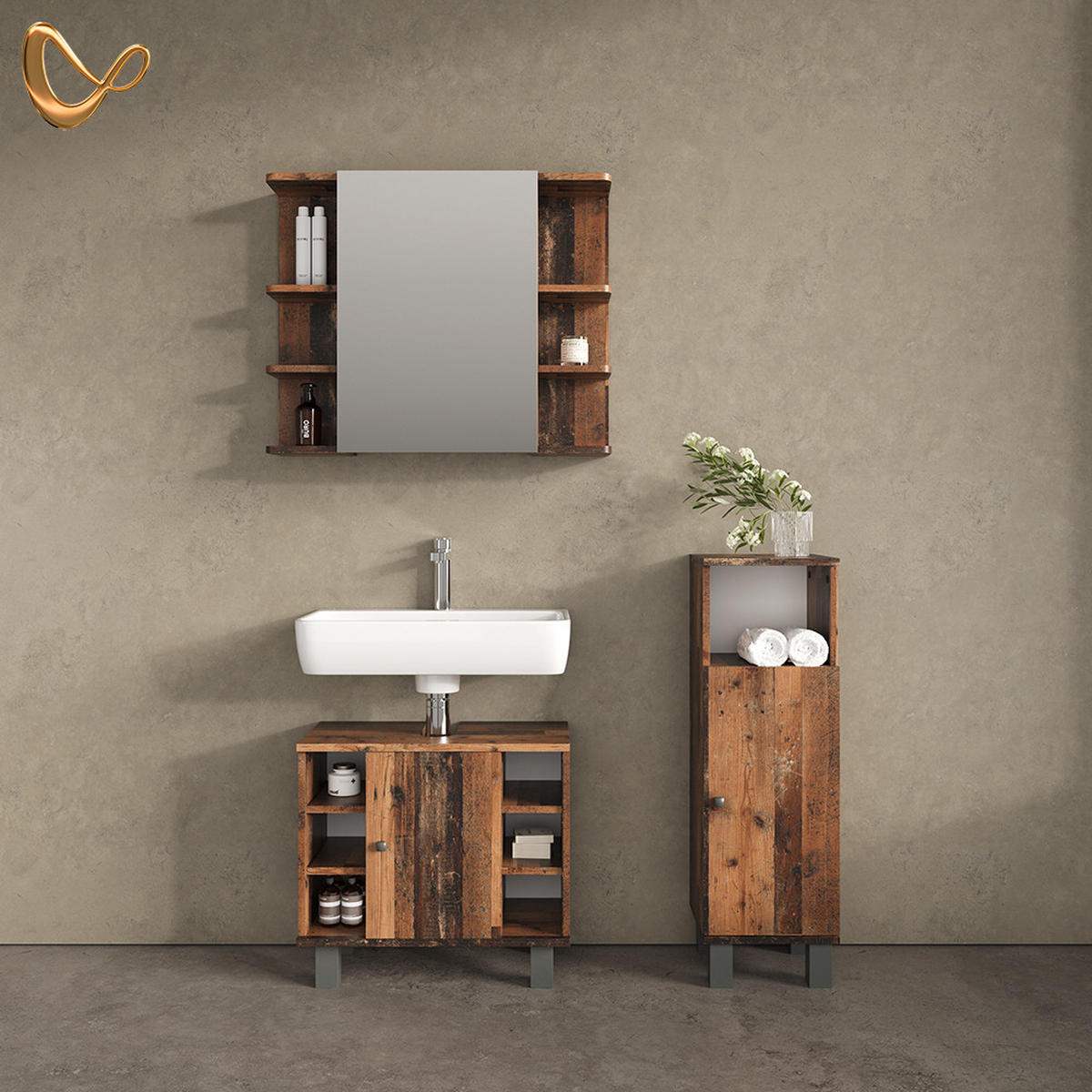 BADMÖBEL-SET Fucino Eiche rustikal 3 Teile, mit Midischrank - Wildeiche, Holzwerkstoff (60/54/32cm) - Livinity®