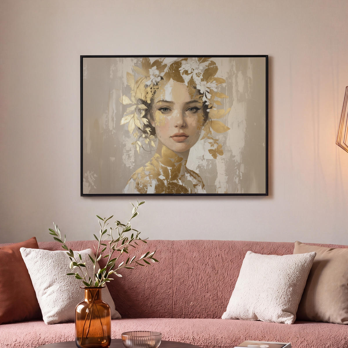 LEINWAND Bilder mit Rahmen - Gesicht - Frau - Blätter - Gold - 80x60 - Beige, Textil (80/60cm) - MuchoWow