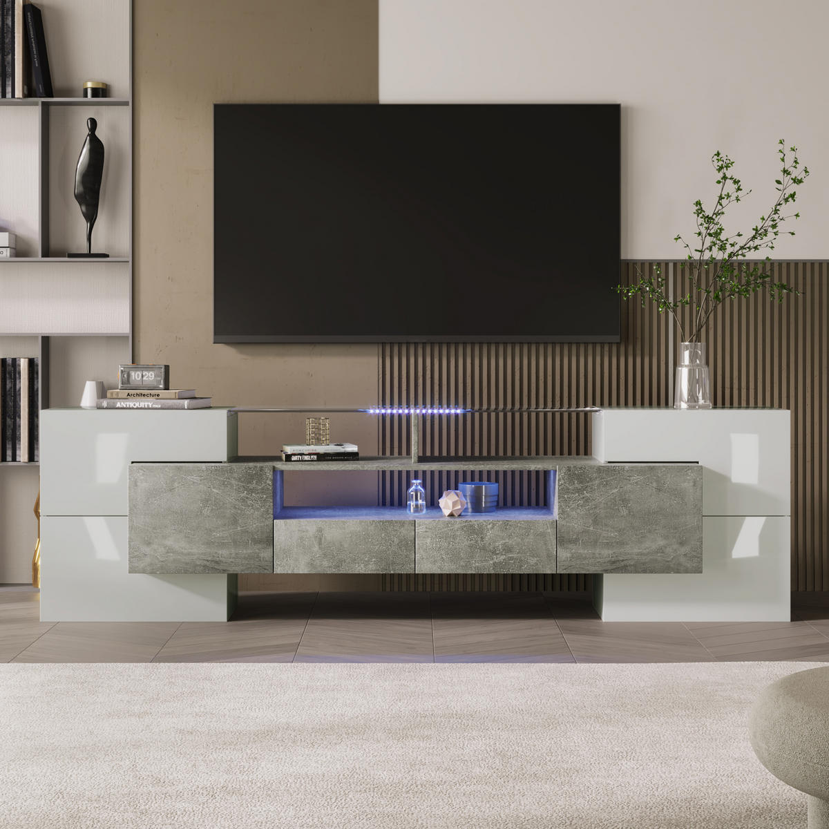 TV-BOARD Weiß und Betonoptik 200/35/60 cm mit LED-Beleuchtung - Grau, Holzwerkstoff (200/60/35cm) - PANGIVO