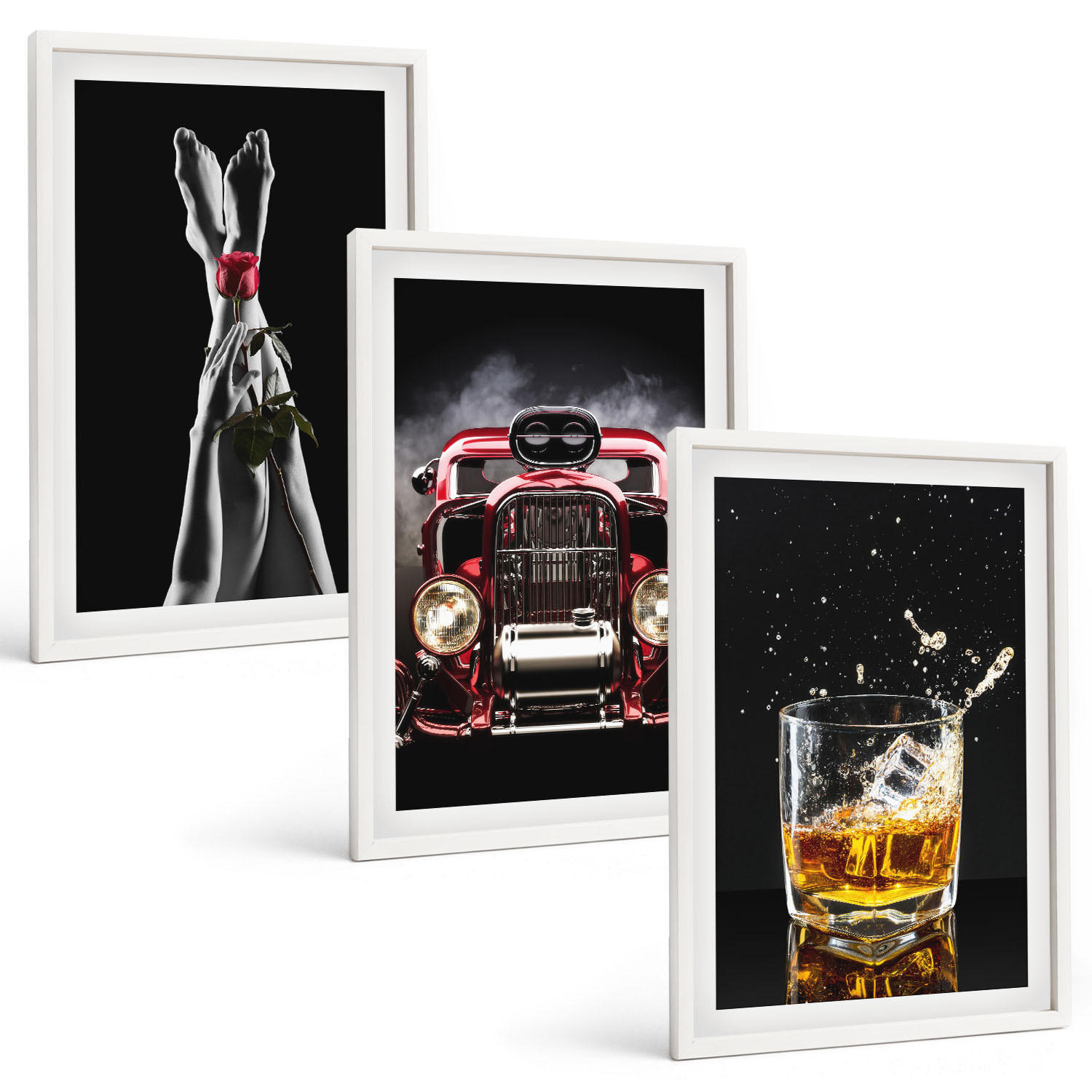 BILDER SET 3er Set - 40x60 cm Weißer Rahmen - Frauenbeine Rosenauto Whisky - Weiß, Kunststoff (40/60cm) - TULUP