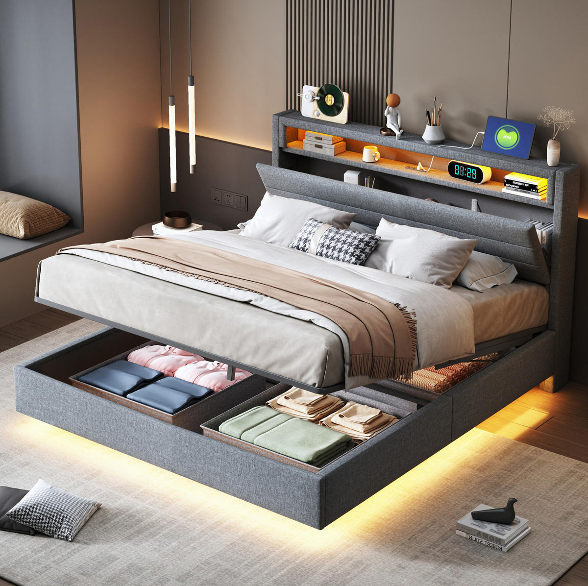 POLSTERBETT 140/200 cm mit Bettkasten, LED-Beleuchtung und USB in Grau - Grau, Textil (140/200cm) - BEAOK