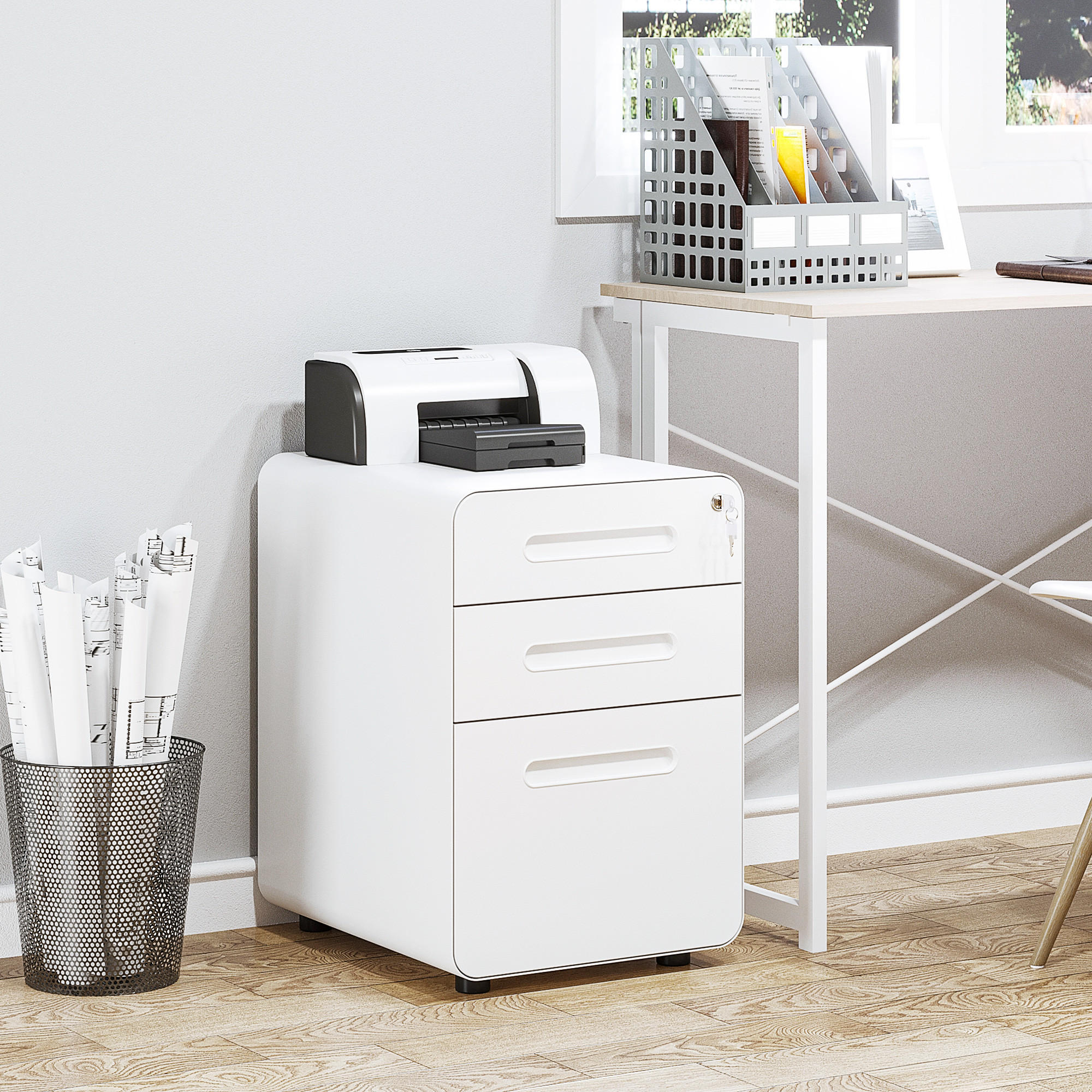 ROLLCONTAINER Aktenschrank mit 3 Schubladen Bürocontainer Stahl Weiß - Weiß, Metall (48/59/39cm) - Vinsetto