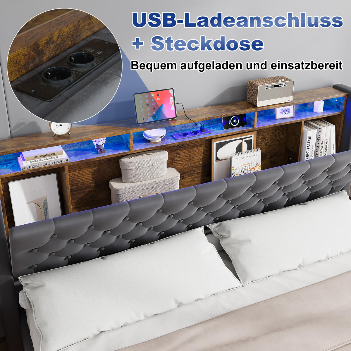 POLSTERBETT 180/200 cm in Dunkelgrau Samt mit Bettkasten, LED-Beleuchtung und USB-Anschluss - Dunkelgrau, Holzwerkstoff/Textil (180/200cm) - CHICFURN