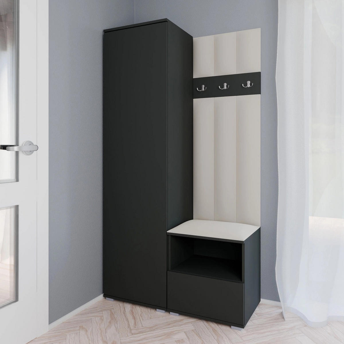 GEPOLSTERT Garderoben-Set Nela I LUX (Graphit + Stoff Trinity 01) - Silberfarben/Creme, Holz/Holzwerkstoff (100/187/40cm) - Ravio