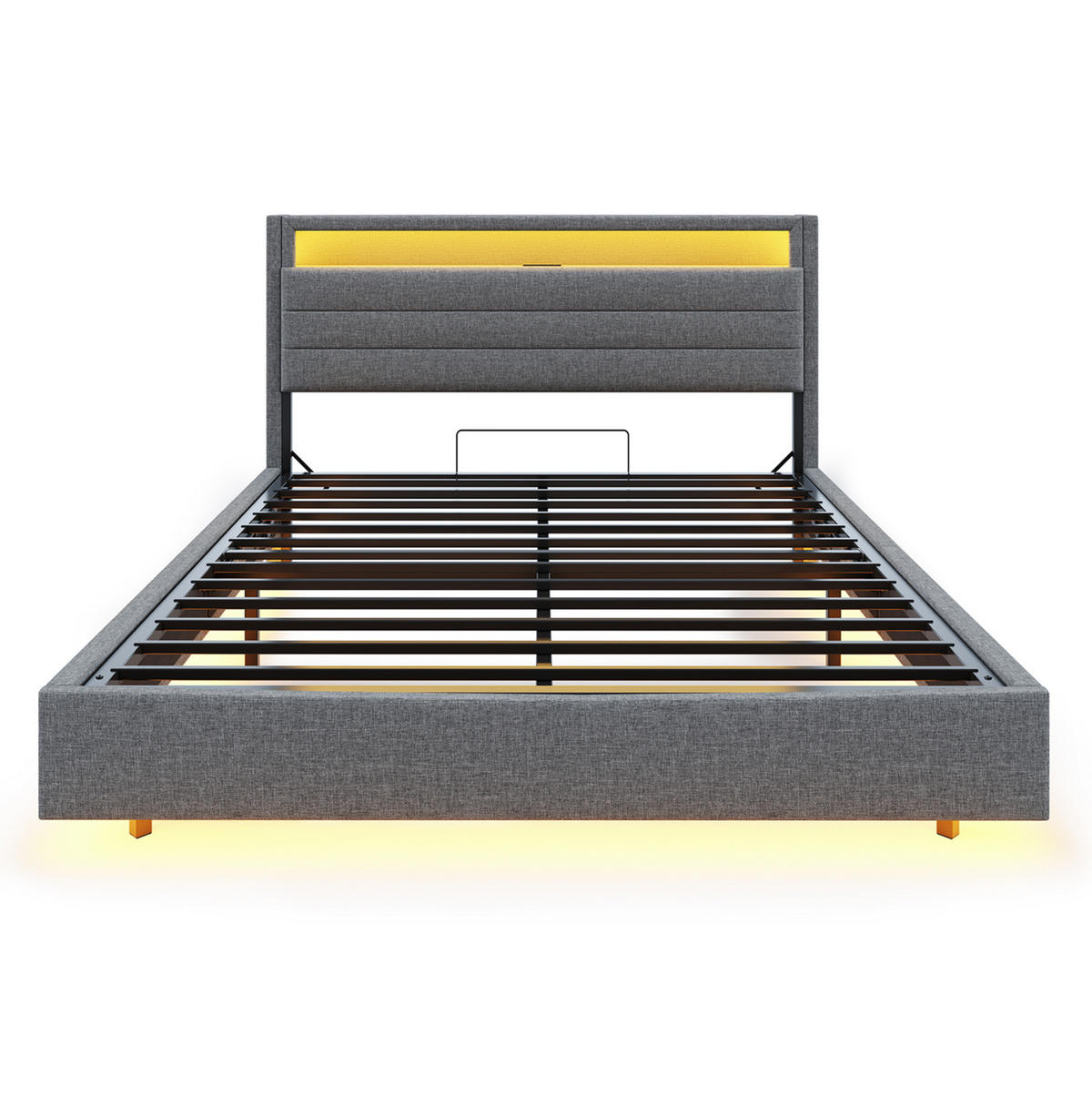 POLSTERBETT 160/200 cm mit LED-Beleuchtung, USB-Anschluss und hydraulischem Stauraum, Leinenoptik, Grau - Grau, Textil (160/200cm) - Redom