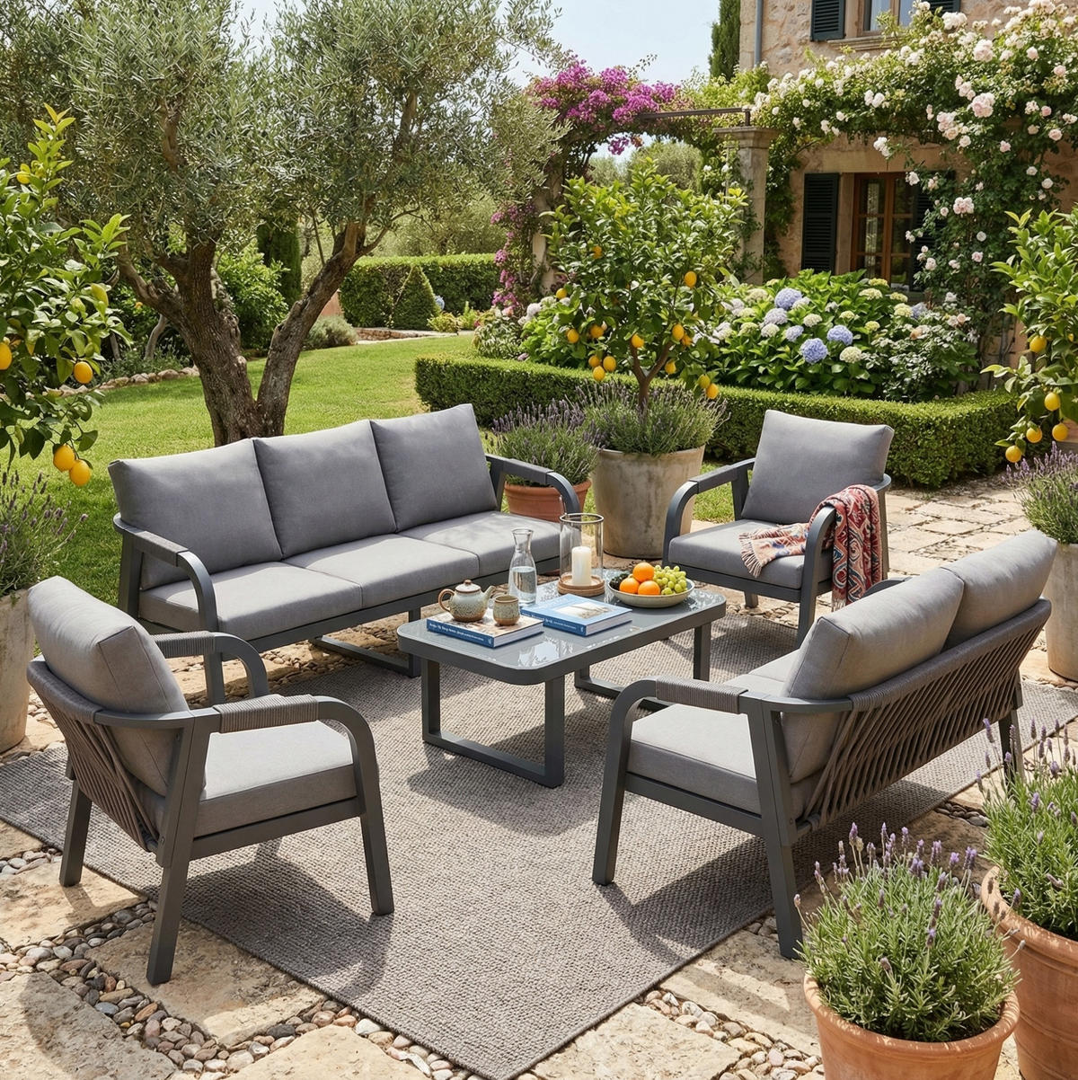 GARTENLOUNGE-SET für 7 Personen mit Glas-Couchtisch und Seilgeflecht, Grau - Grau, Metall - Redom
