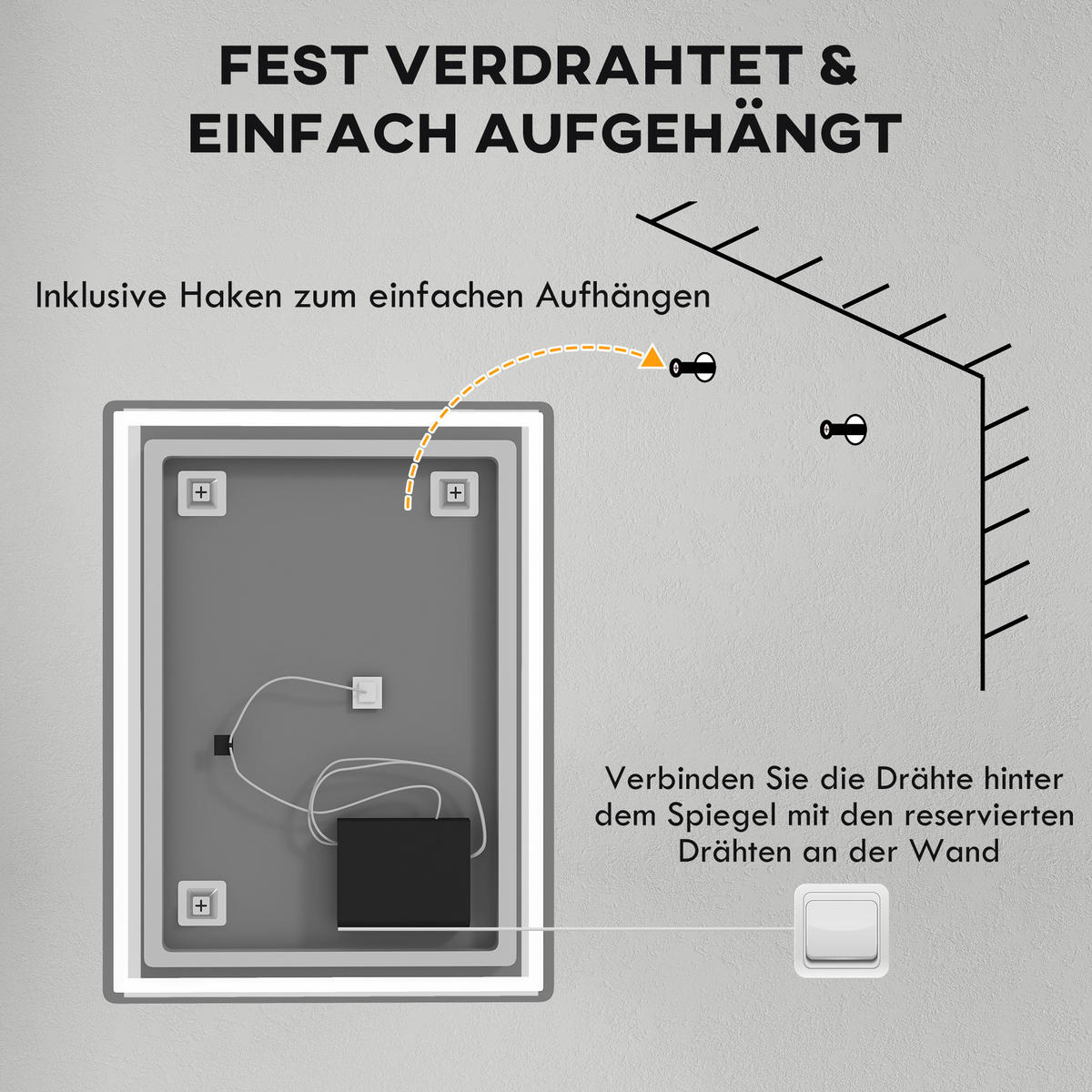 BADSPIEGEL, mit Touchschalter, Memory-Funktion, beschlagfrei, Wasserdicht - Silberfarben, Glas (60/4/80cm) - HOMCOM