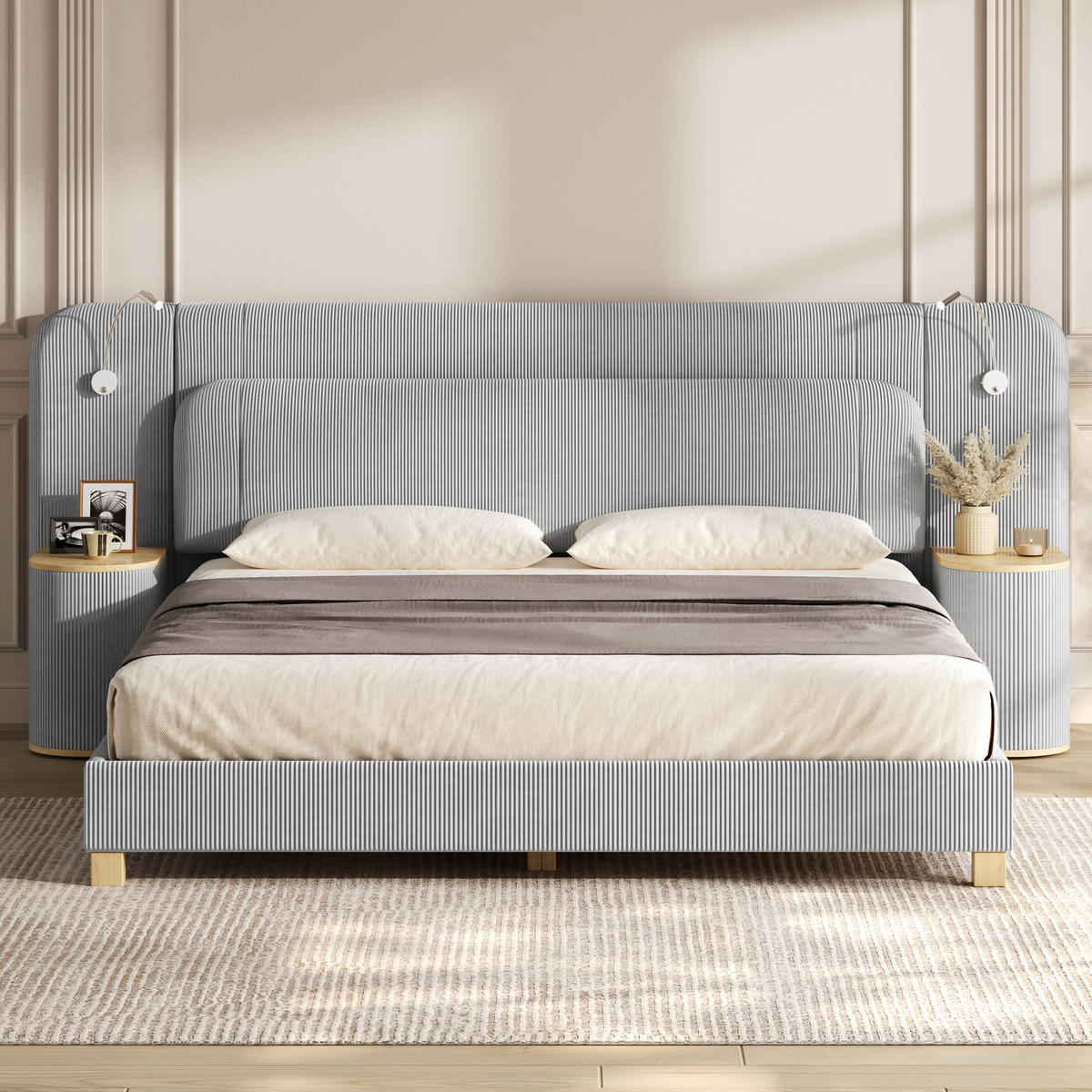 POLSTERBETT 180/200 cm mit Nachttischen und LED, DE-41849, in Grau - Grau, Holzwerkstoff (180/200cm) - ComfortXL