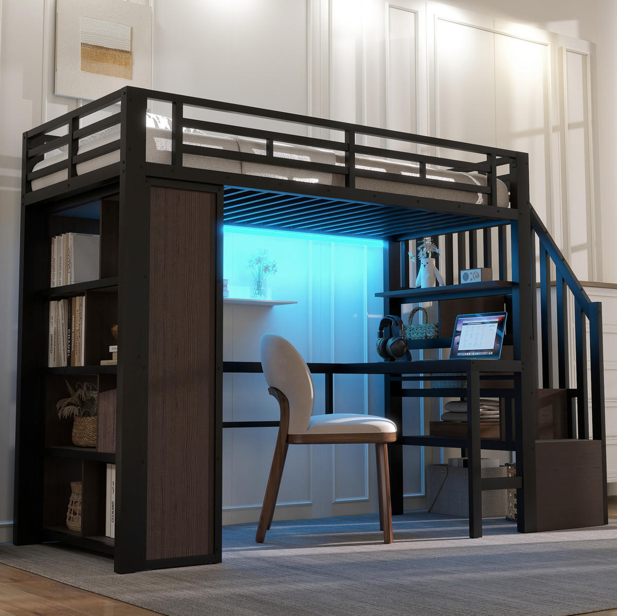 HOCHBETT 90/200 cm Schwarz aus Metall mit Schreibtisch und LED-Lichtleiste - Schwarz, Metall (90/200cm) - OKMYHOME