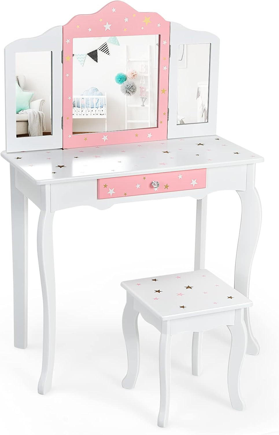 KINDER SCHMINKTISCH mit Hocker Weiß - Weiß, Holz (70/105/34cm) - COSTWAY