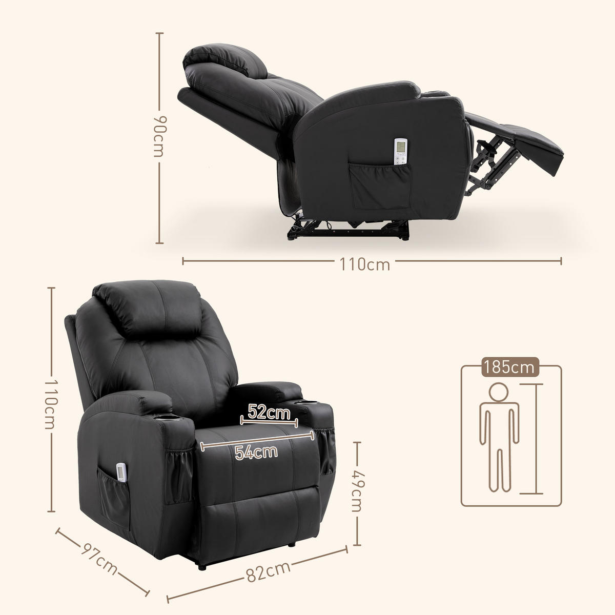 MASSAGESESSEL elektrisch Relaxsessel Fernsehsessel Liegefunktion Schwarz - Schwarz, Leder (97/110/82cm) - HOMCOM