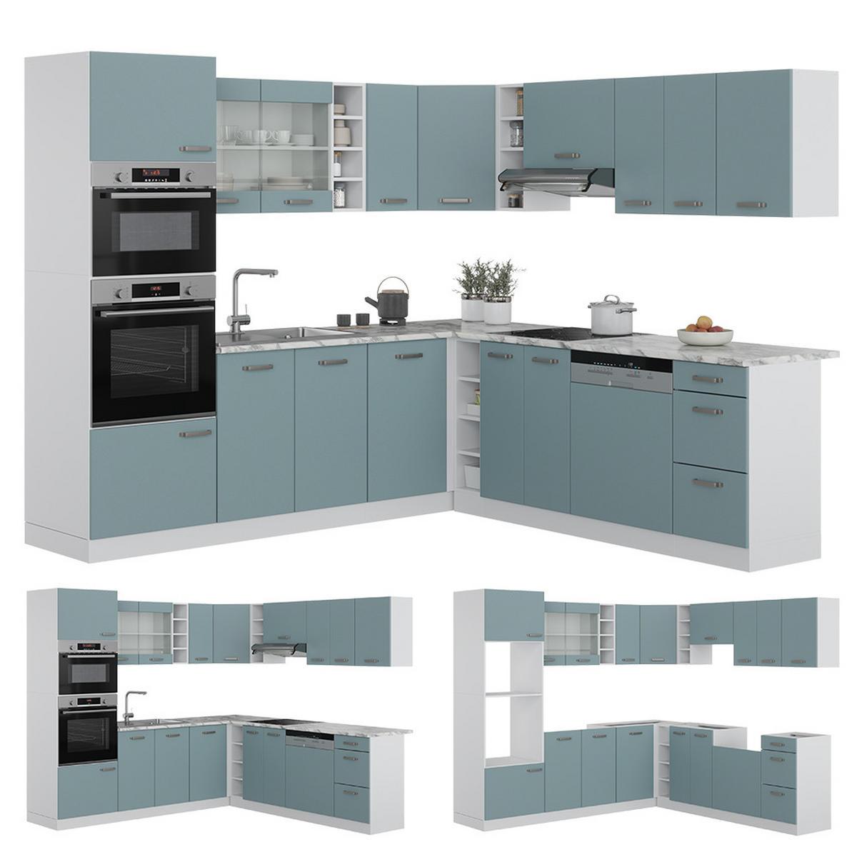 ECKKÜCHE IN L-FORM R-Line Blau-Grau/Weiß 237 x 247 cm, AP Anthrazit - Blaugrau/Weiß, Holzwerkstoff (247/81.6/60cm) - Vicco